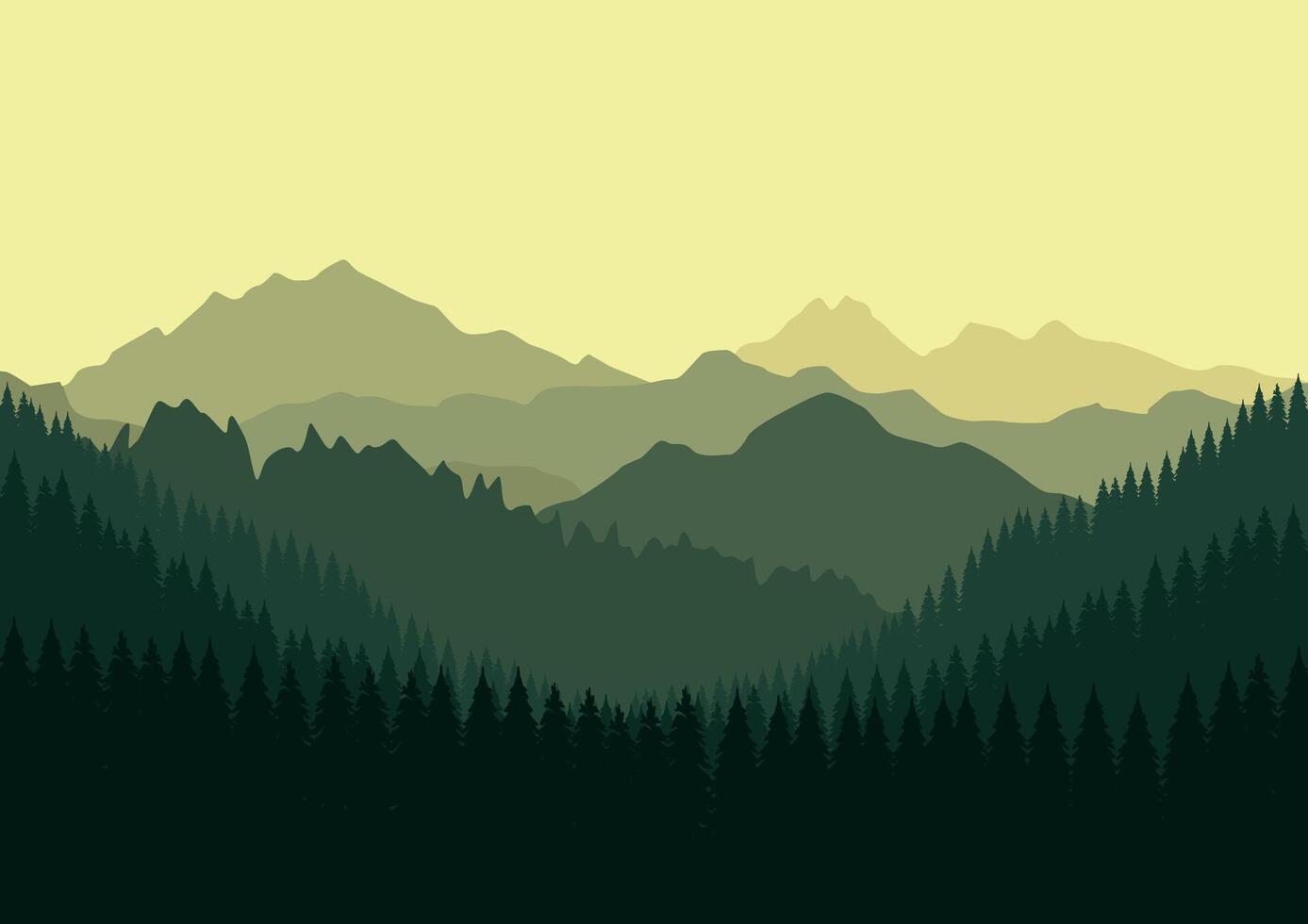 paisaje con montañas y pino bosque. ilustración en plano estilo. vector