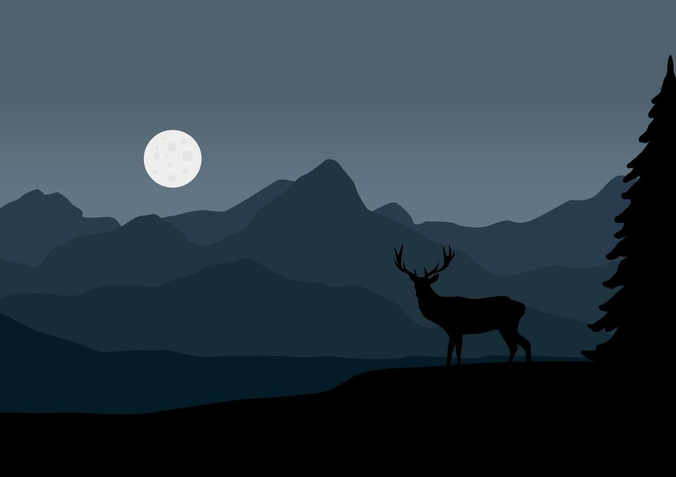 Deer in mountains and pine forest. Illustration in flat style. vector