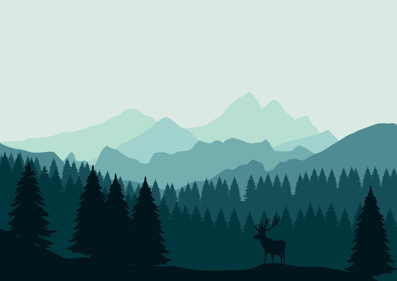 Deer in mountains and pine forest. Illustration in flat style. vector