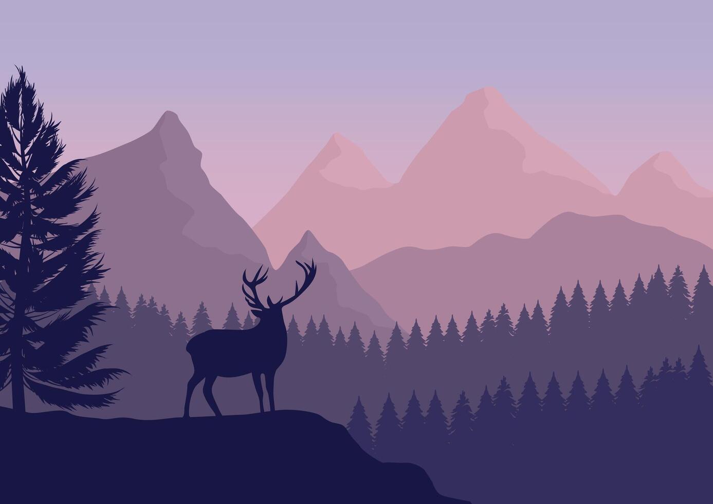 Deer in mountains and pine forest. Illustration in flat style. vector
