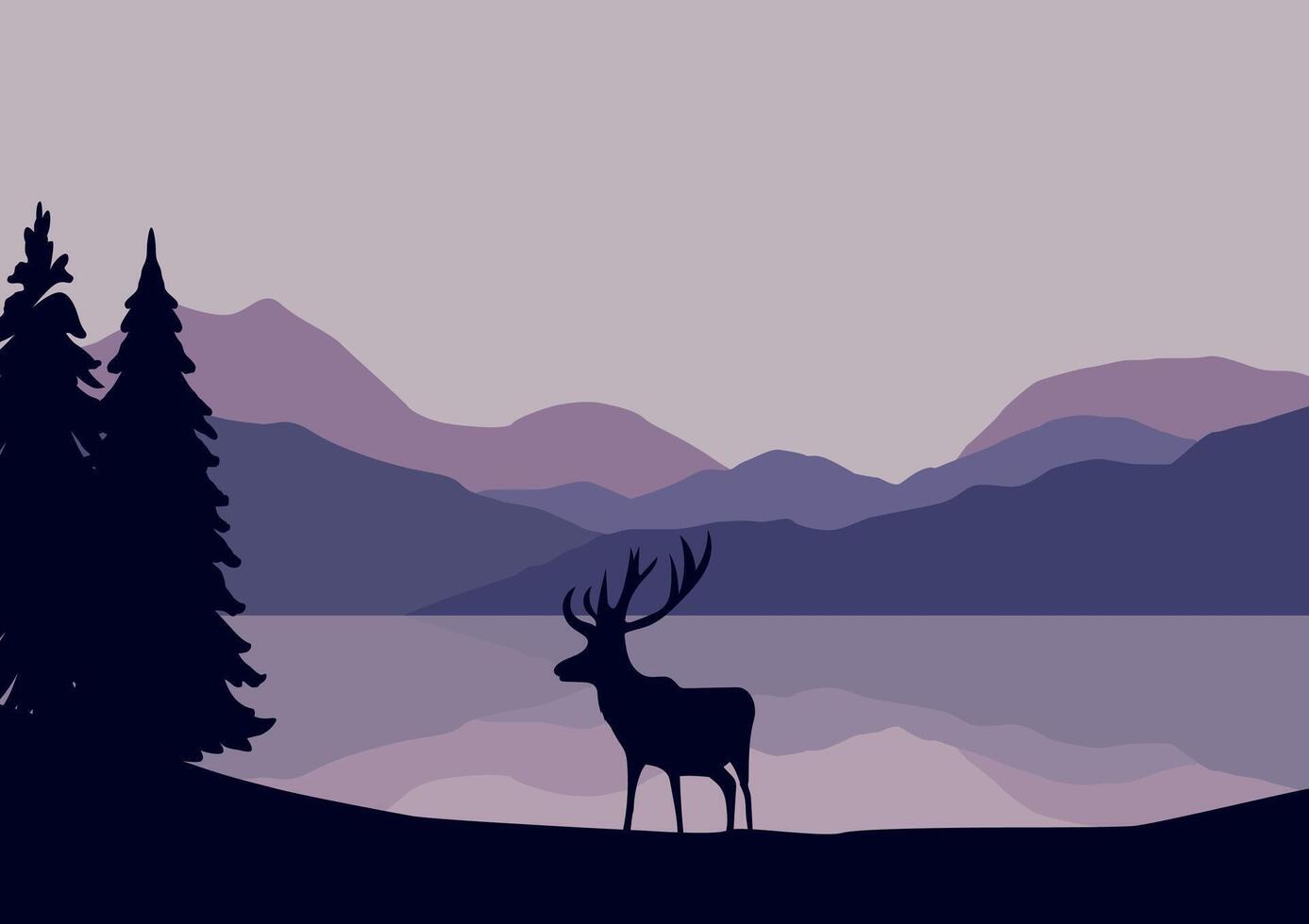 Deer in mountains and lake. Illustration in flat style. vector