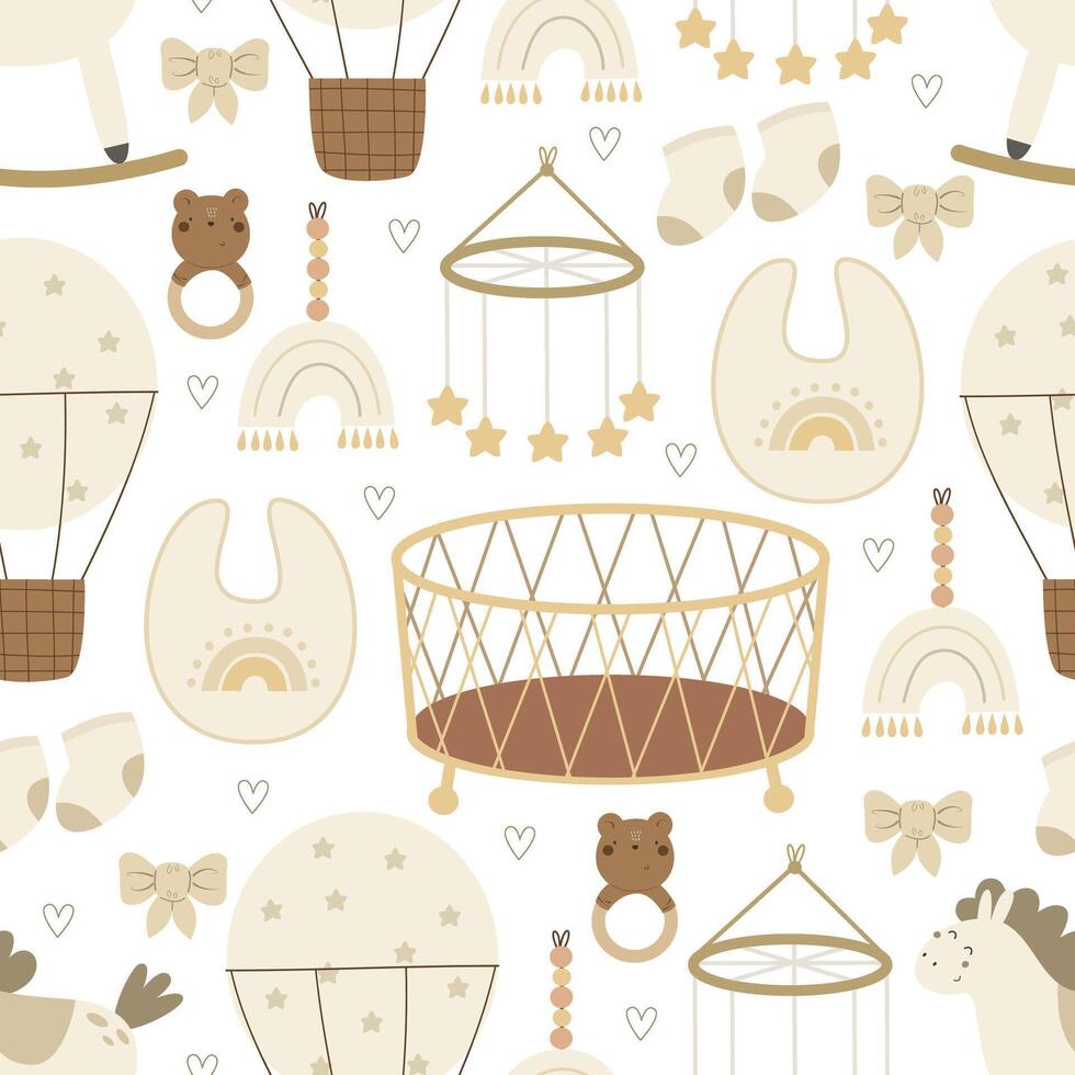 Seamless pattern with cartoon baby decor elements. vector