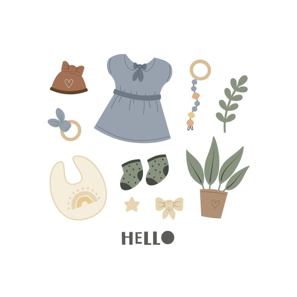 Hello. Cartoon baby decor element, hand drawing lettering. vector