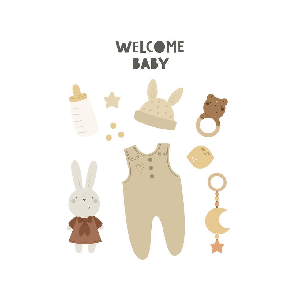 Welcome baby. Cartoon babe decor elements, hand drawing lettering. vector