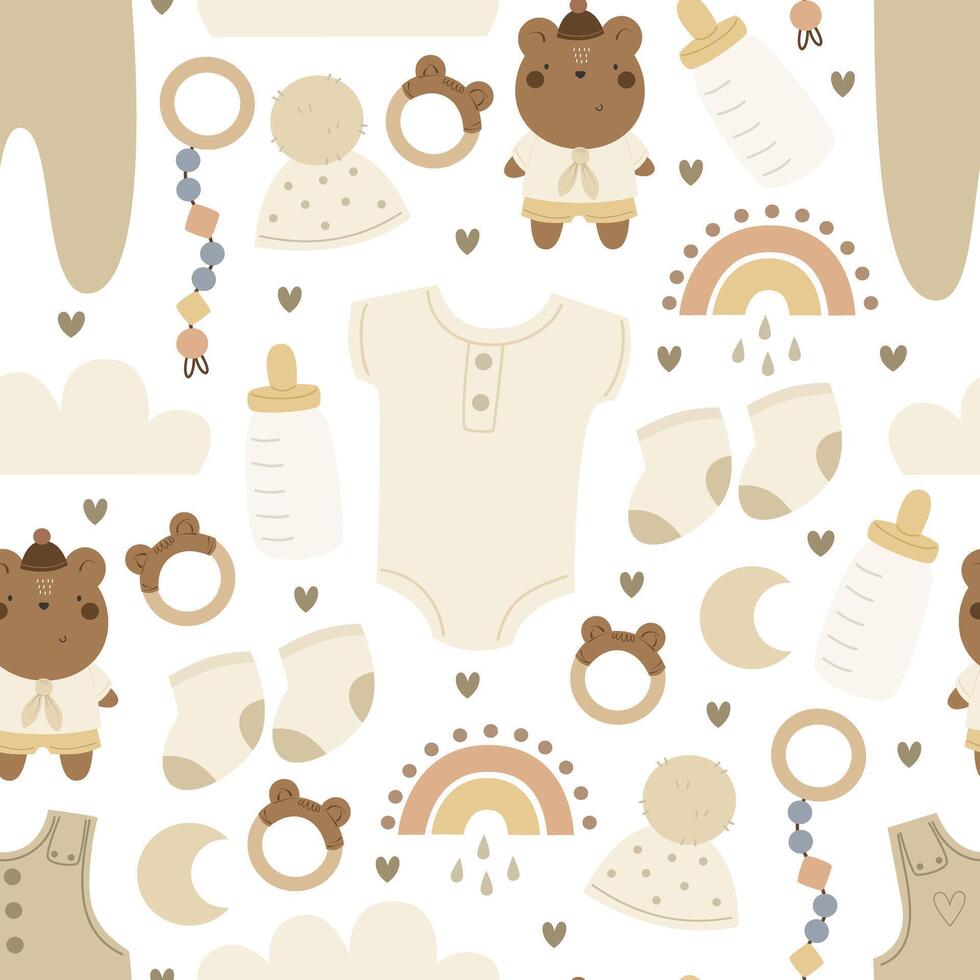Seamless pattern with cartoon baby decor elements. vector
