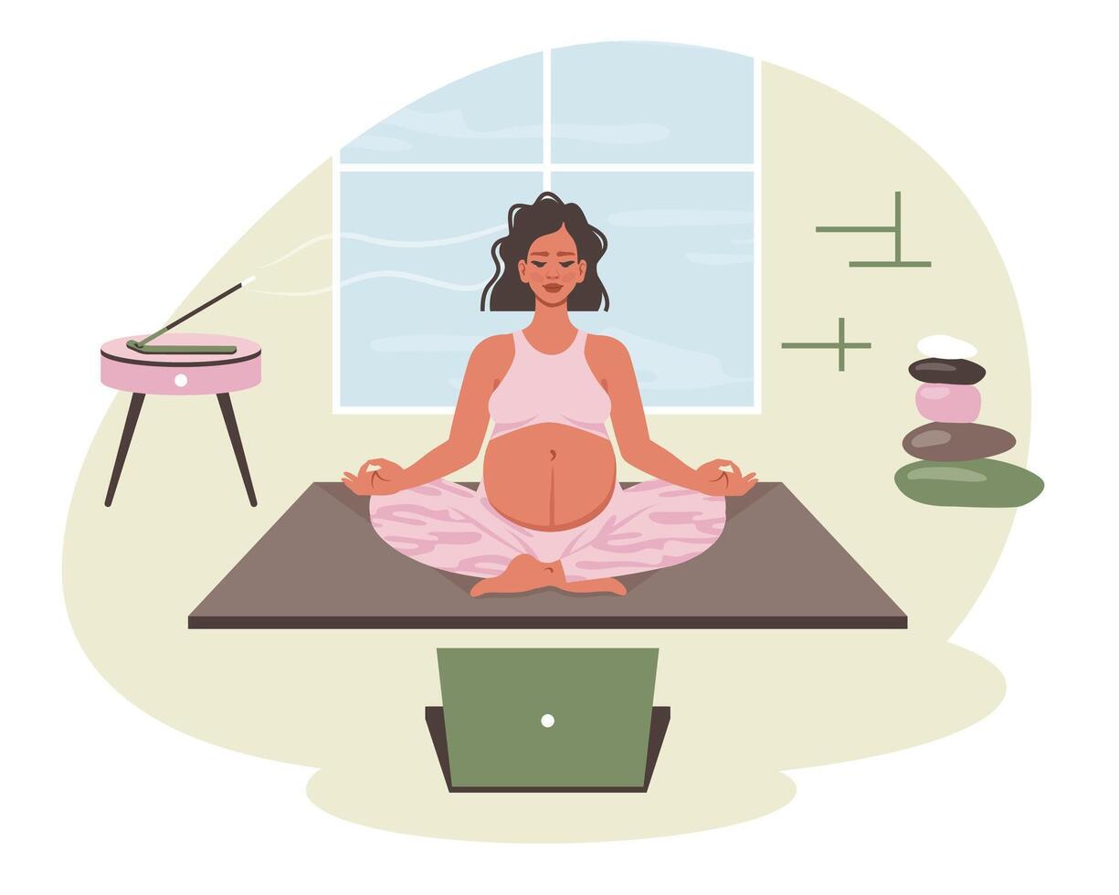 embarazada mujer en loto pose. yoga a hogar. hembra personaje lo hace yoga, meditación, extensión, interior. mamá con barriga meditación, relajante. cuidado del cuerpo, el embarazo salud concepto. ilustración vector