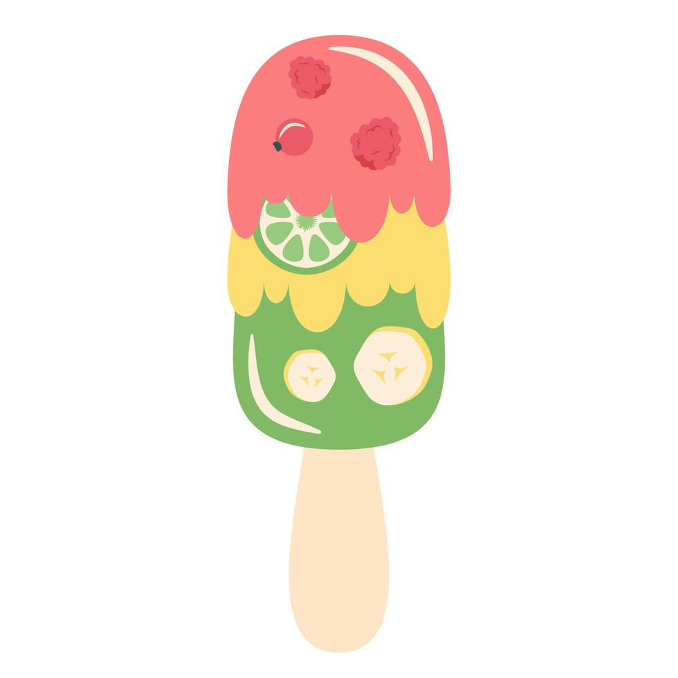 Tasty sweet frozen yogurt with various fruit topping and flavor. Delicious ice cream on stick decorated berries, fruits, glaze. Frozen juice icon isolated. flat illustration vector