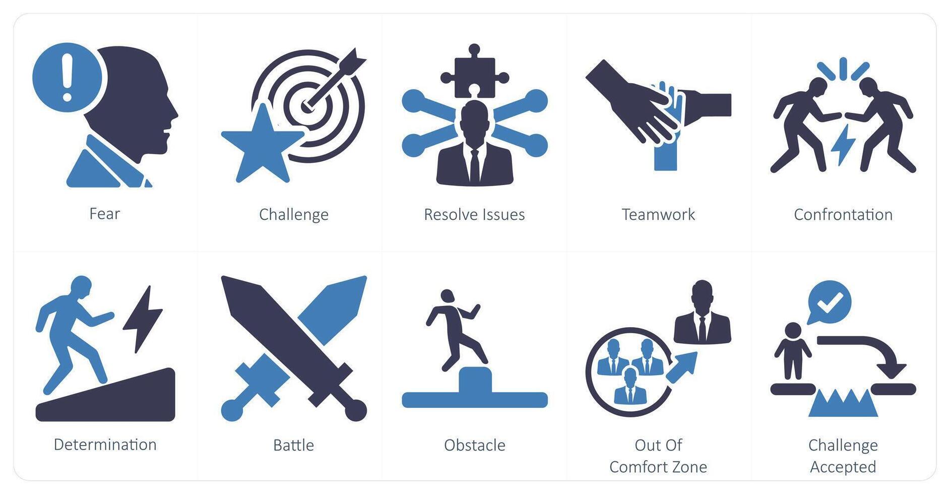 A set of 10 challenge icons as fear, challenge, resolve issues vector