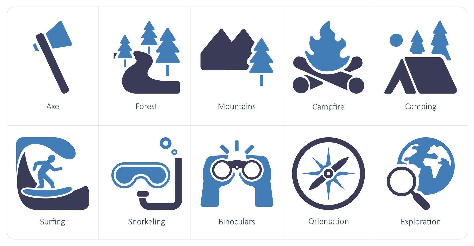 A set of 10 adventure icons as axe, forest, mountains vector