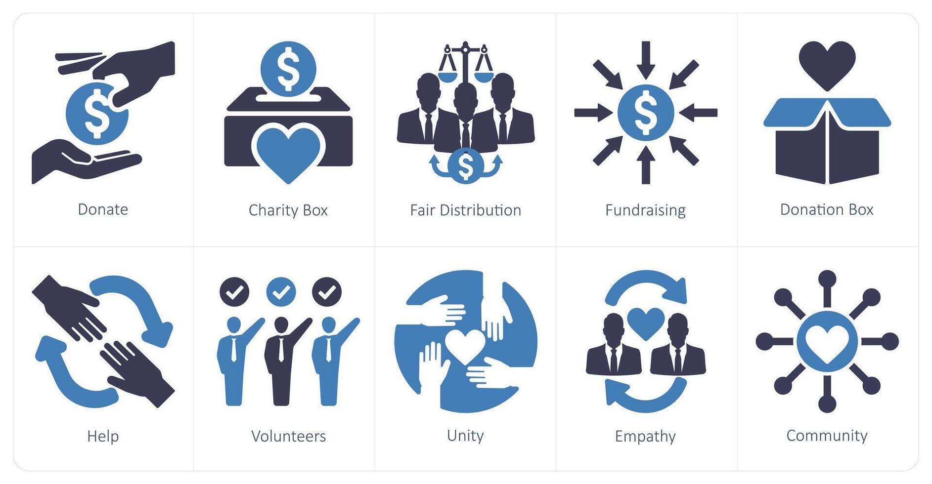 A set of 10 charity and donation icons as donate, charity box, fair distribution vector