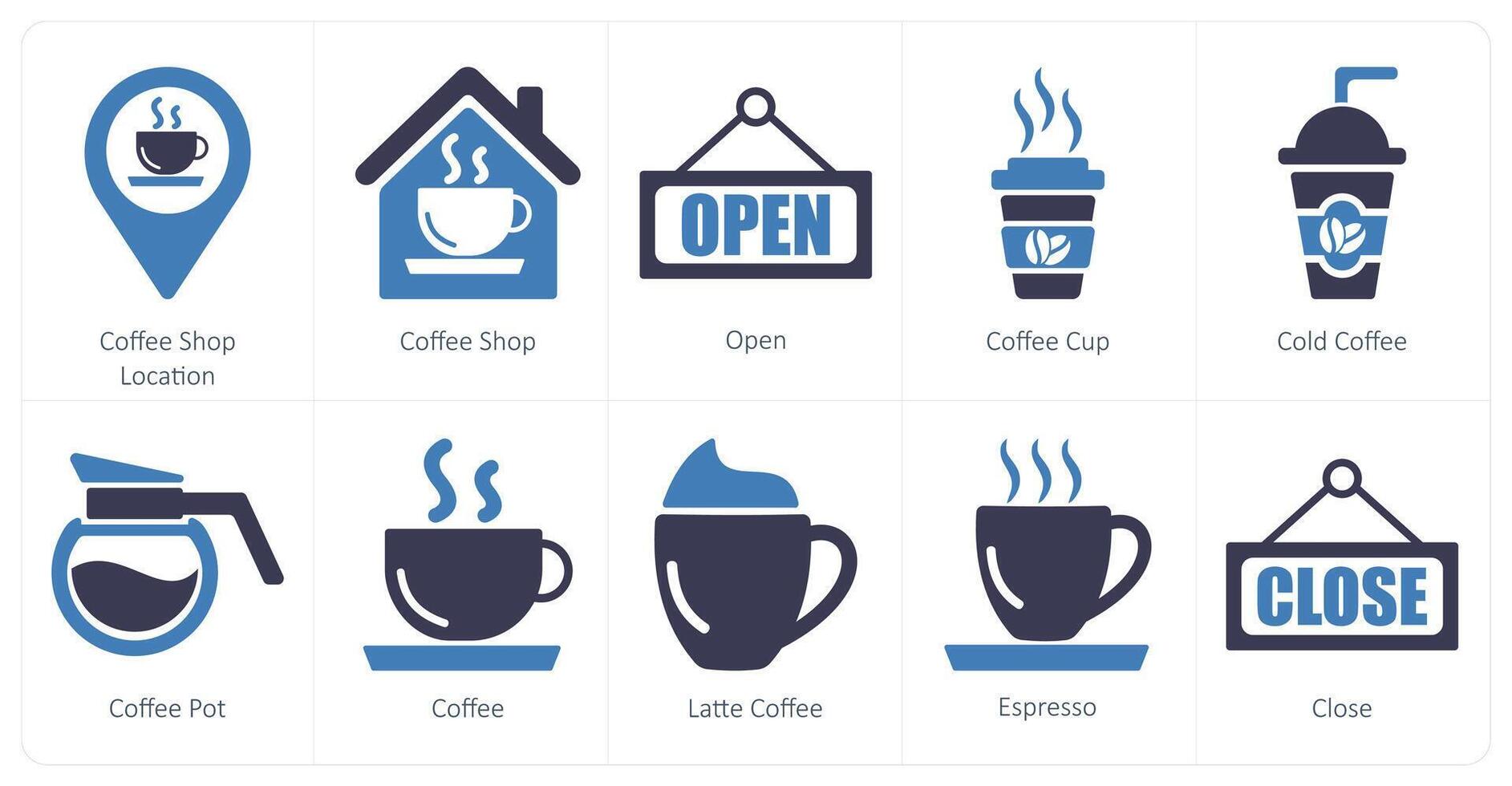 A set of 10 coffee icons as coffee shop location, coffee shop, open vector