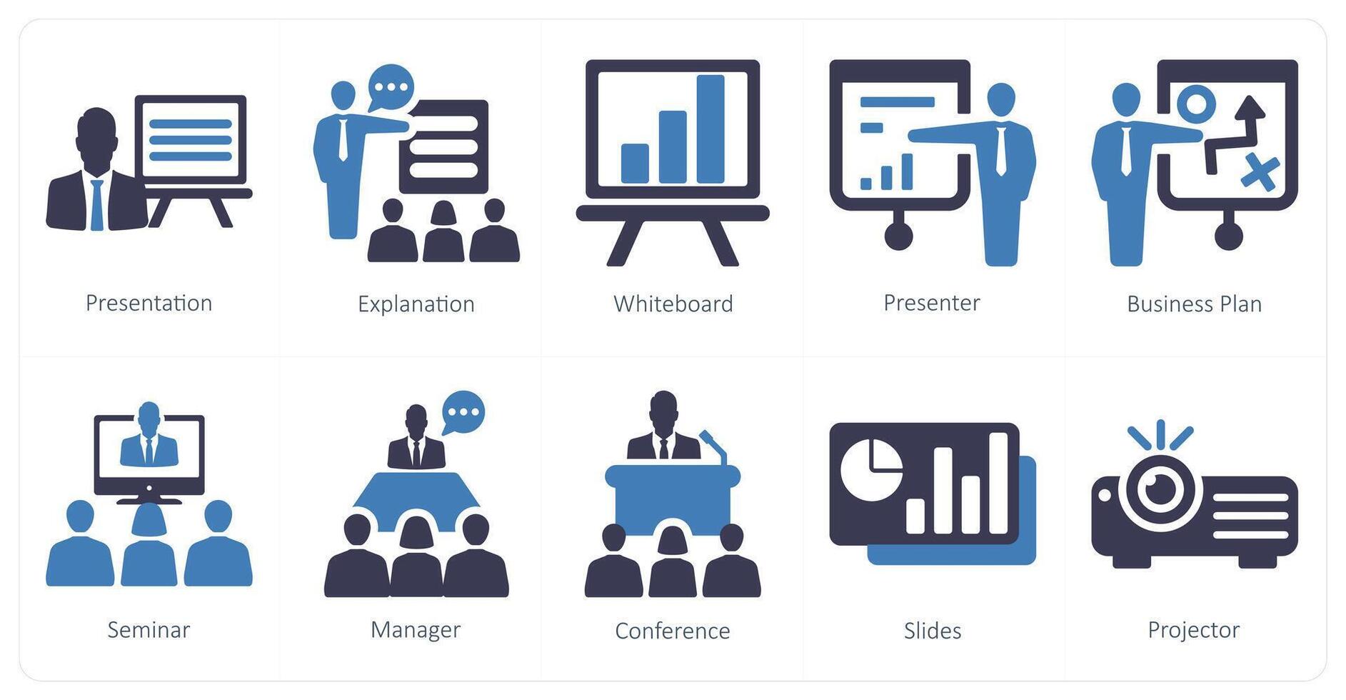 A set of 10 business presentation icons as presentation, explanation, white board vector