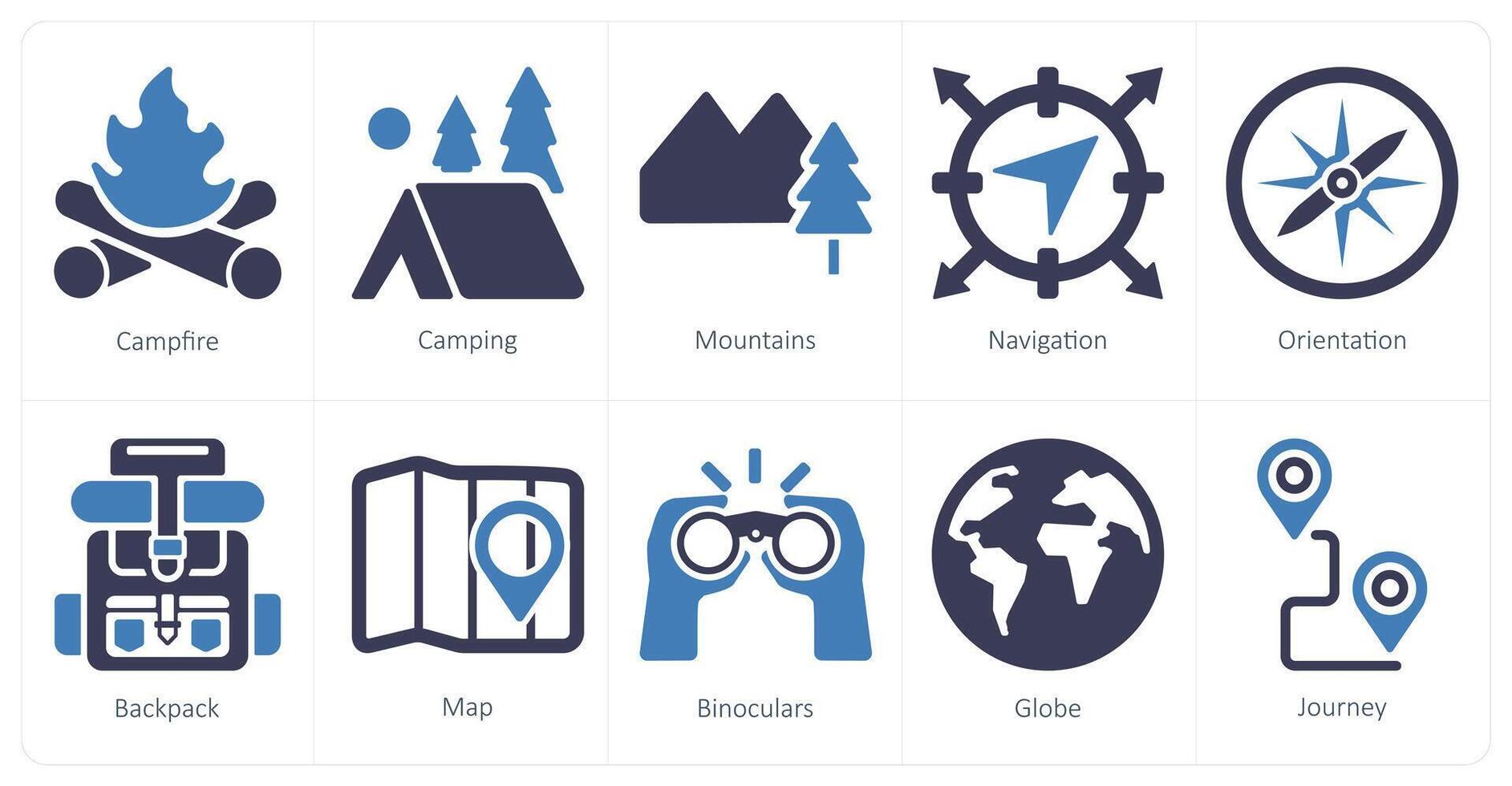 A set of 10 adventure icons as campfire, camping, mountains vector