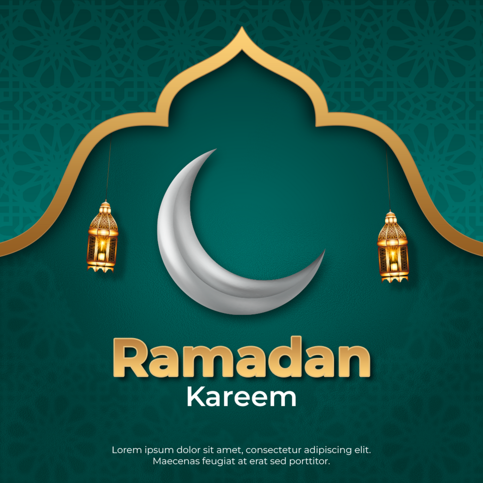 Ramadan kareem saluto carta con mezzaluna e lanterne su verde sfondo psd
