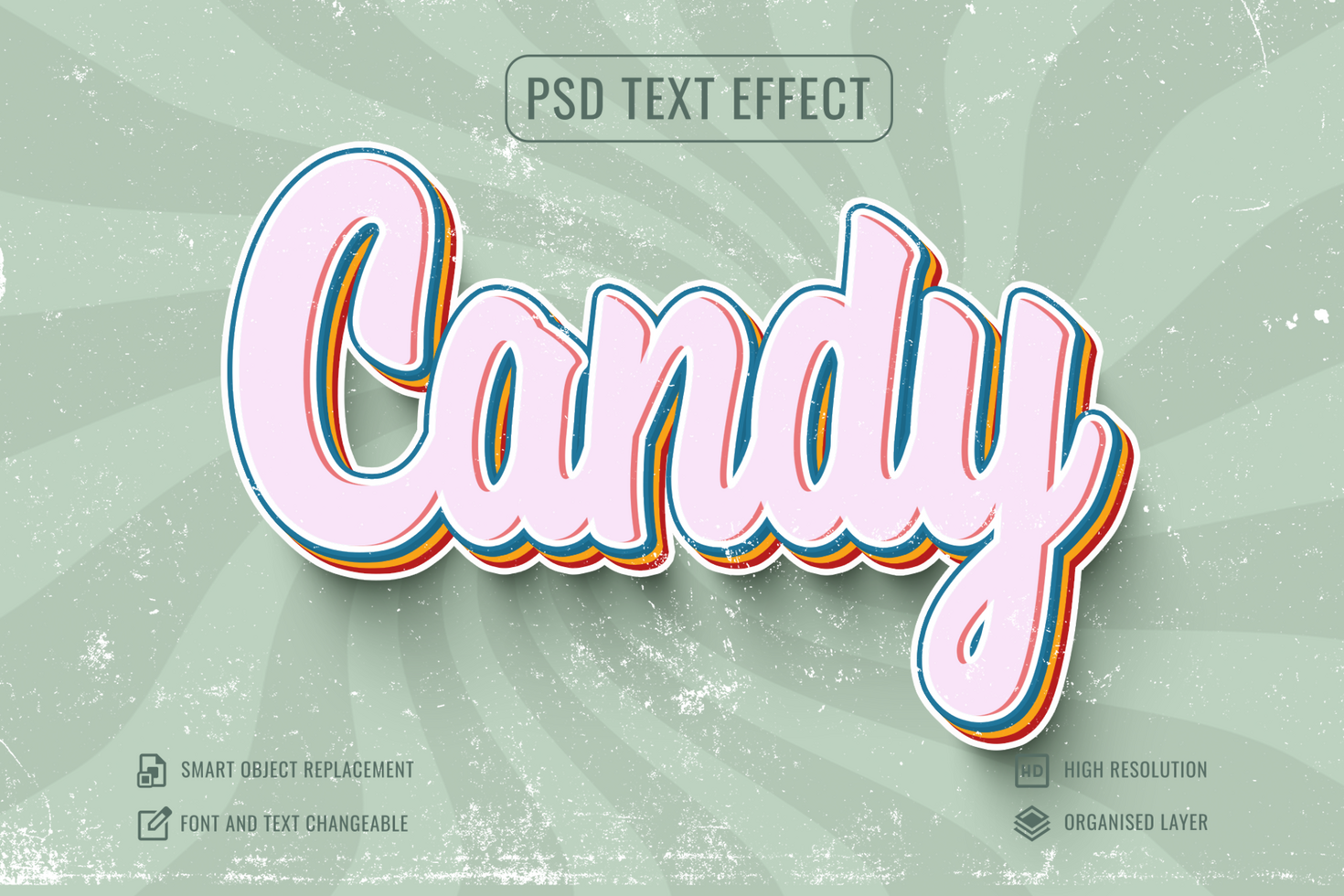 candy text effect with a retro style grungy background psd