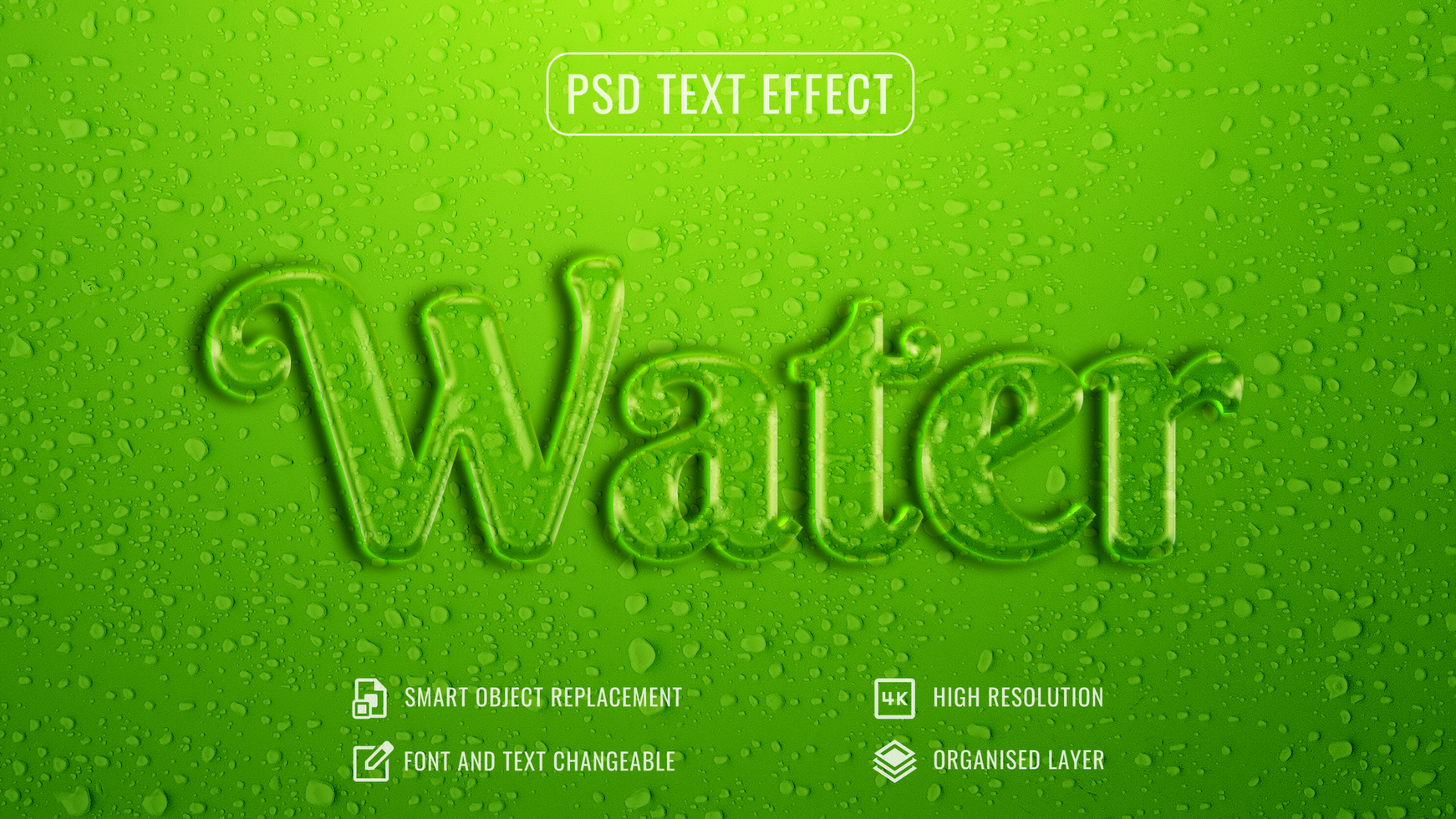 water text effect with droplets on a green background psd