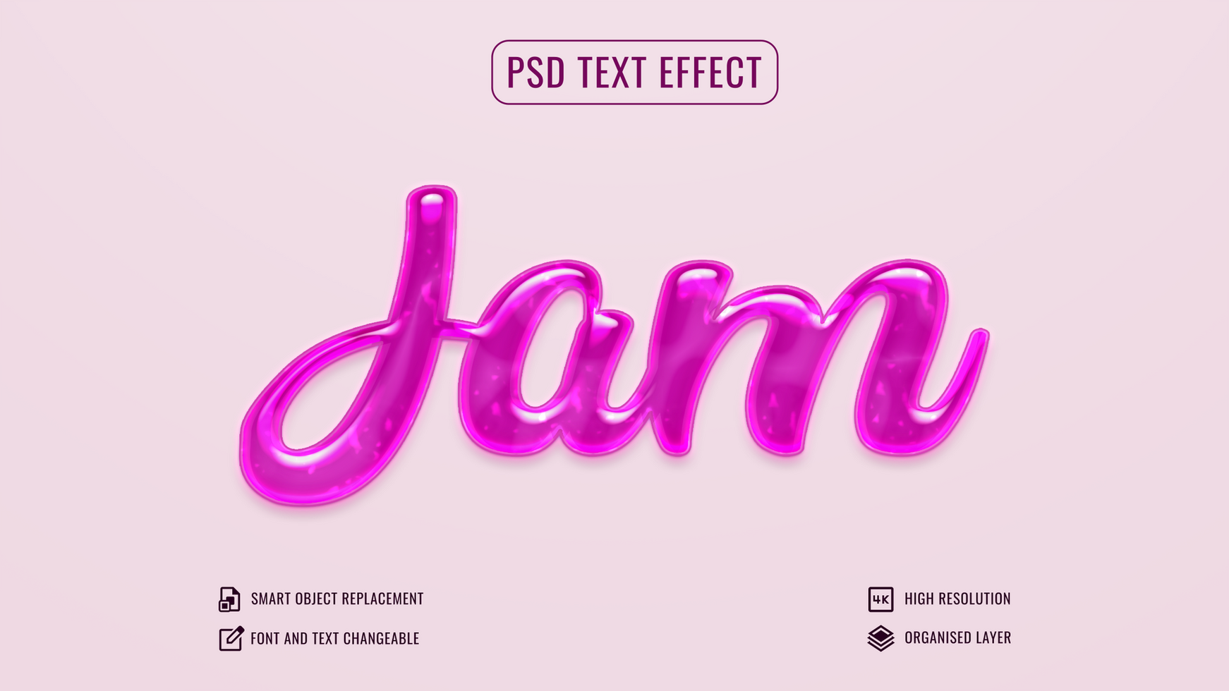 glossy pink text effect with the word jam psd