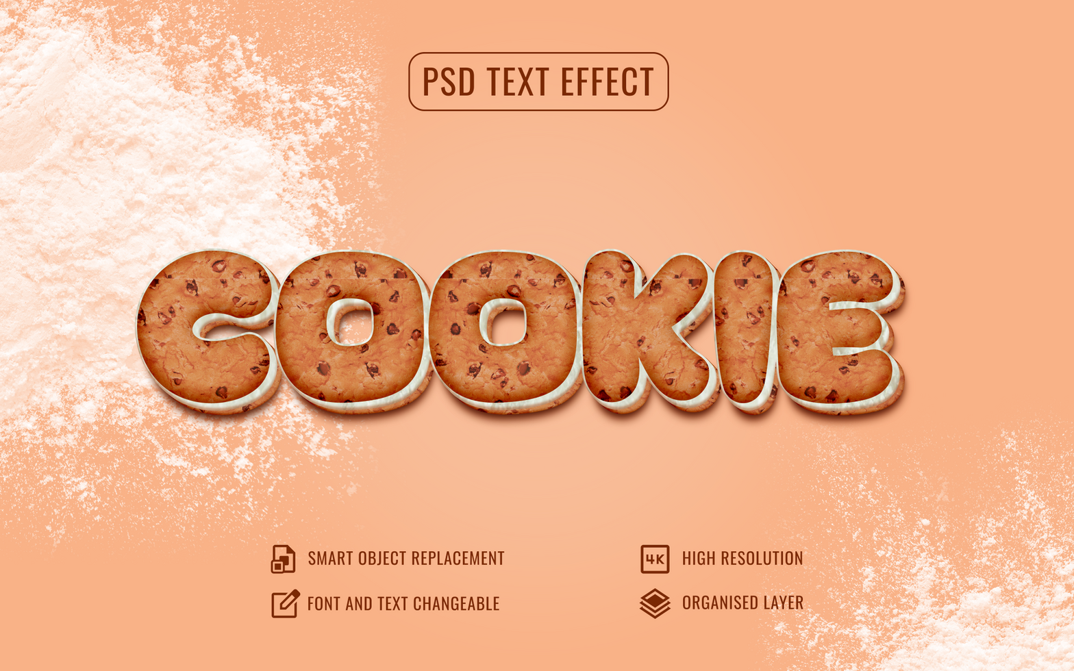 cookie text effect with flour on a background psd