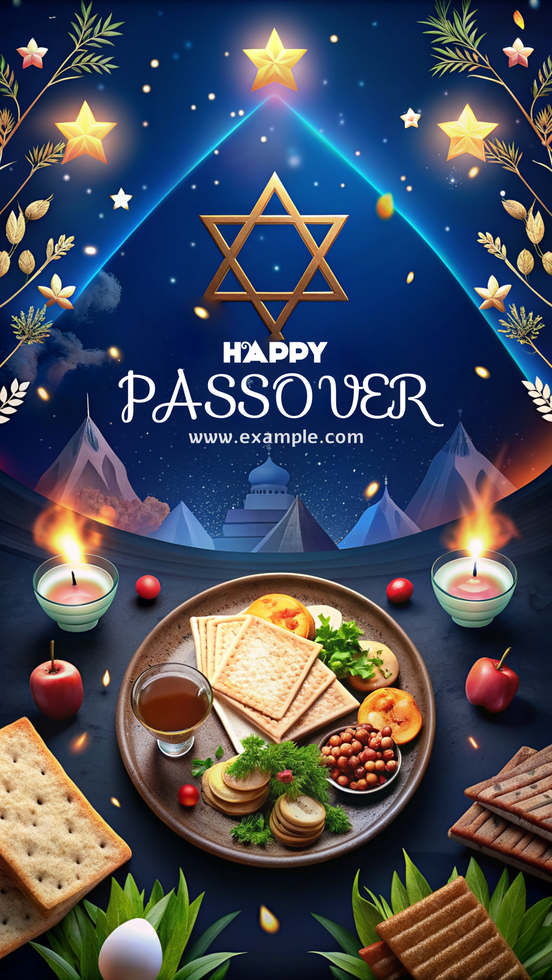 A poster of a plate of food with a star of David and the words Happy Passover psd