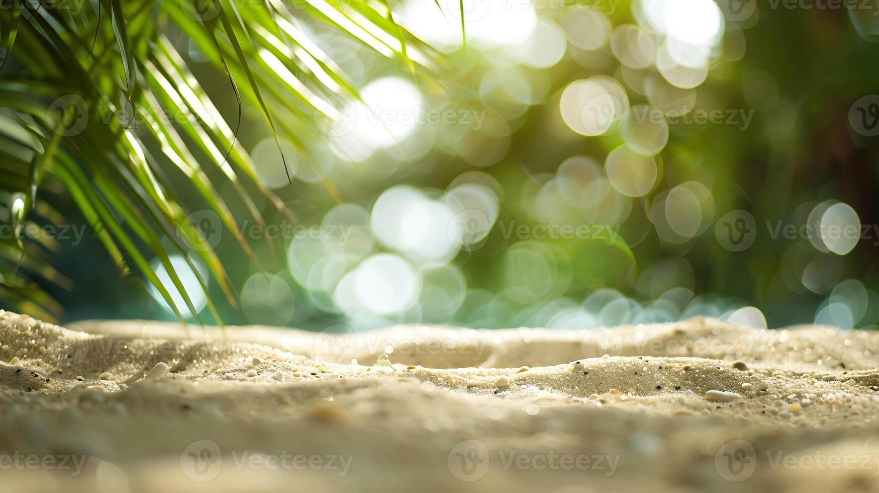 Sand with blurred Palm and tropical beach bokeh background Summer vacation and travel concept Copy space, photo