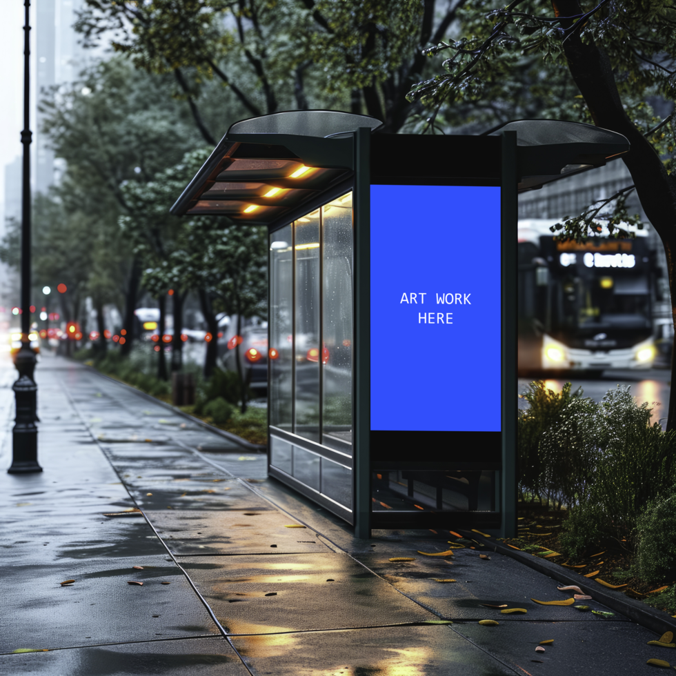 bus stop with a blue sign on it psd