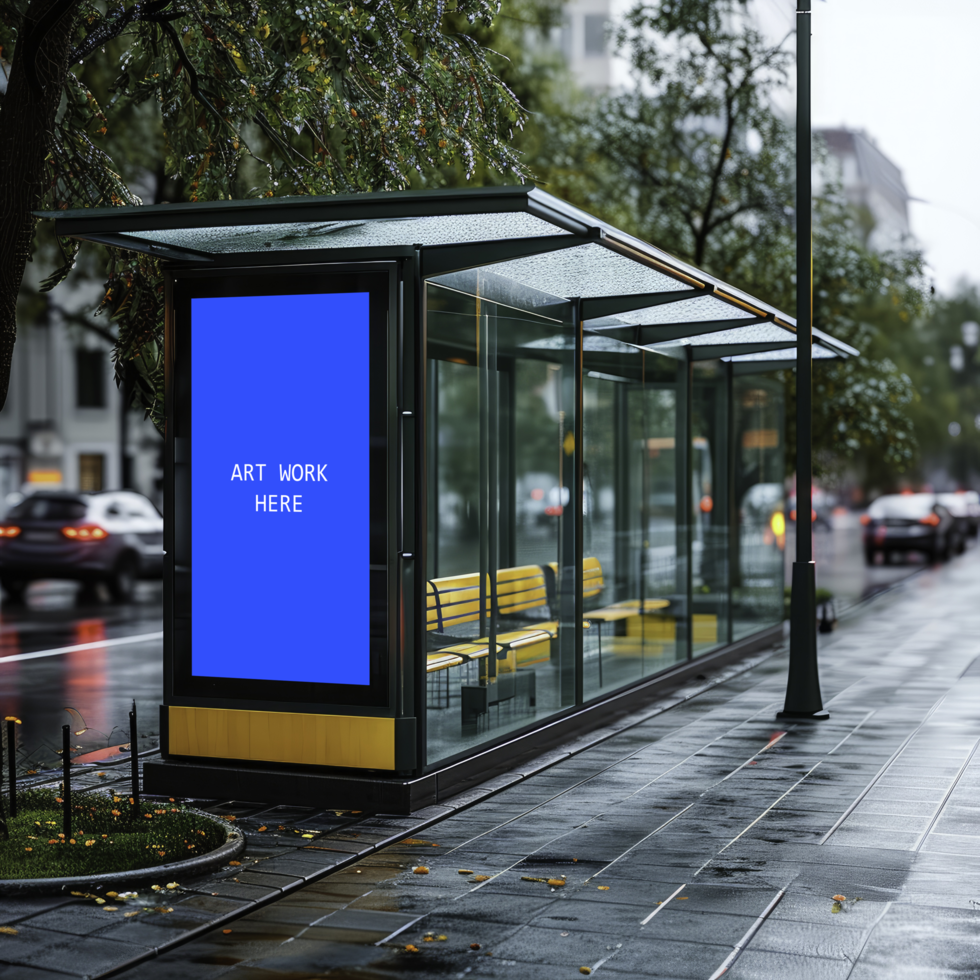 a bus stop with a blue billboard on it psd