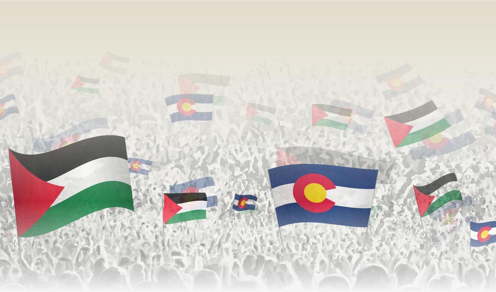 Palestine and Colorado flags in a crowd of cheering people. vector