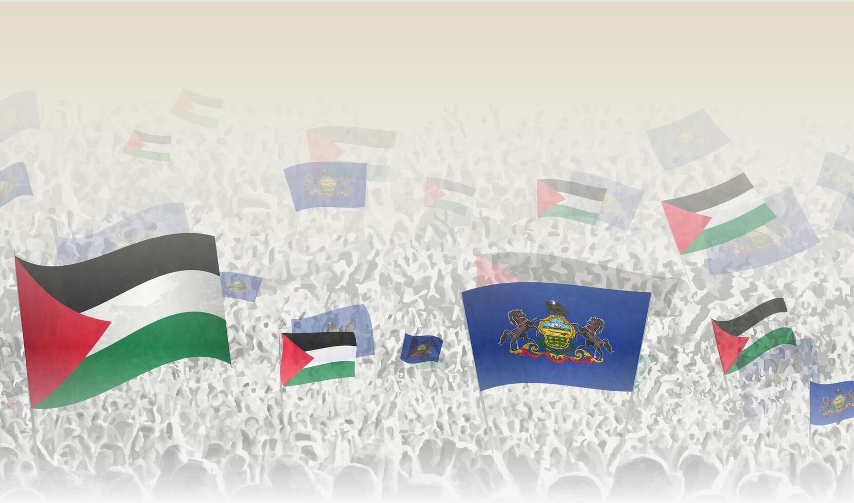 Palestine and Pennsylvania flags in a crowd of cheering people. vector