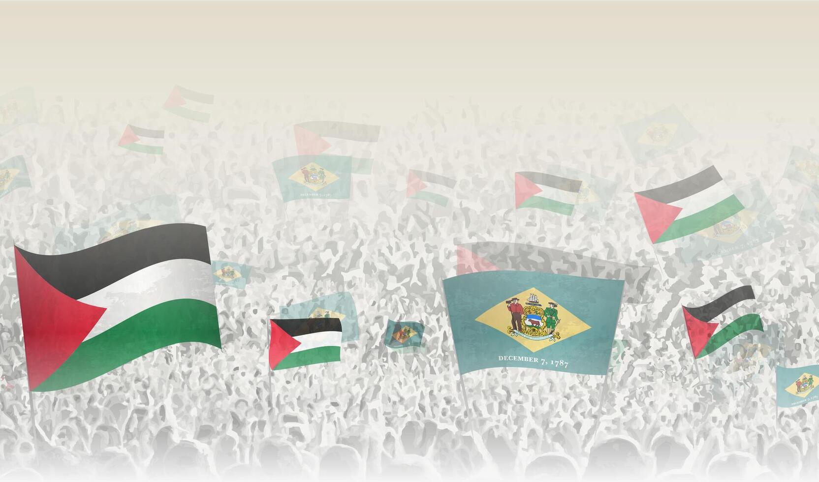 Palestine and Delaware flags in a crowd of cheering people. vector
