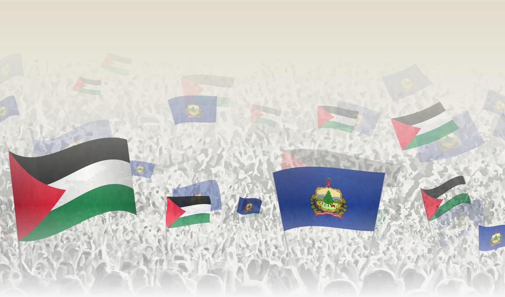 Palestine and Vermont flags in a crowd of cheering people. vector