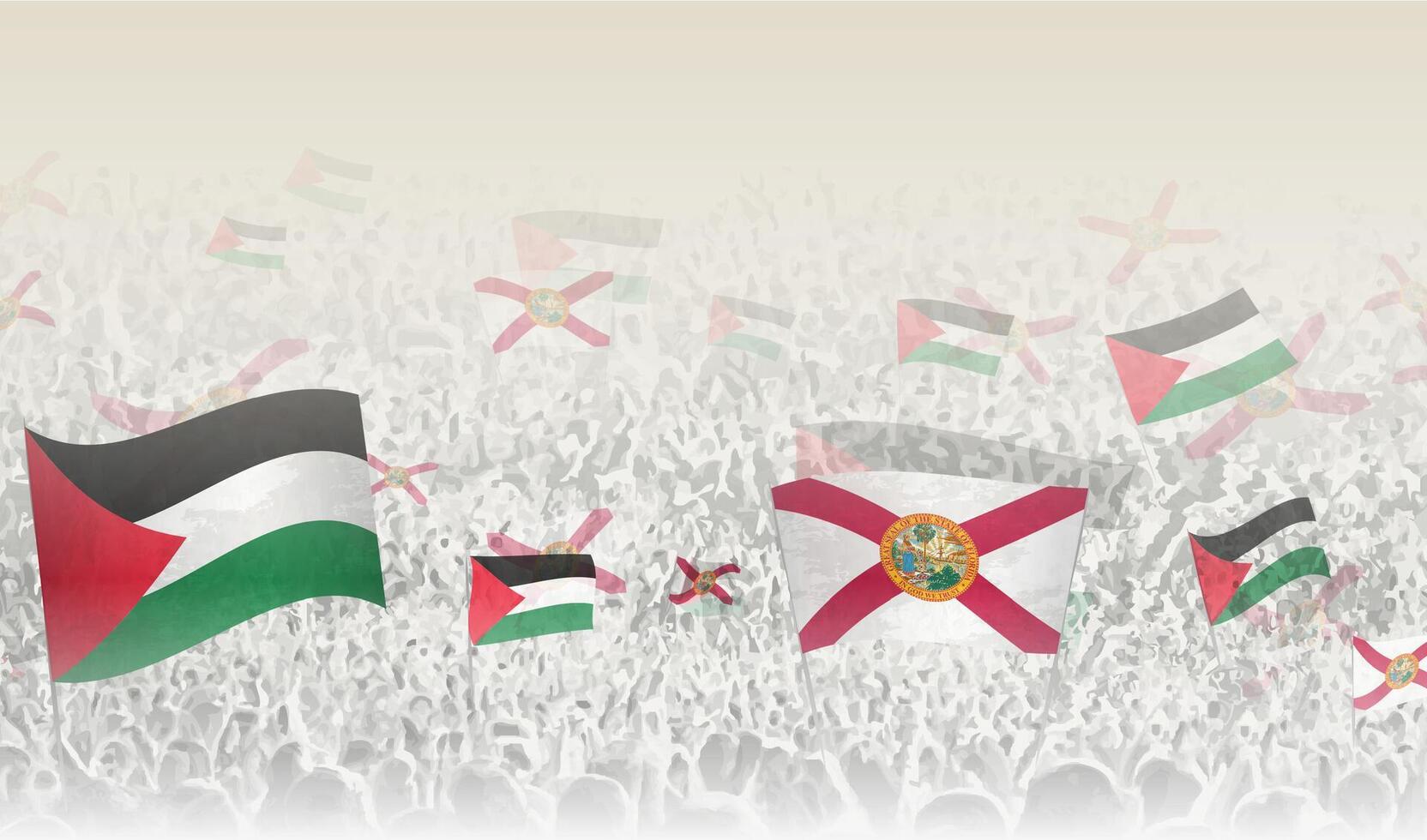 Palestine and Florida flags in a crowd of cheering people. vector