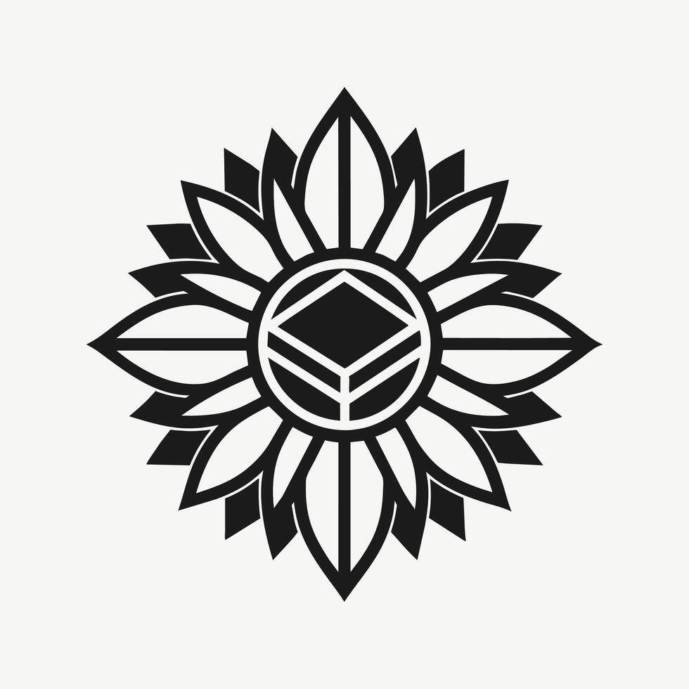 A sunflower captured in black and white, showcasing its intricate details and striking contrast, A clean, monochromatic logo of a sunflower in a geometric form vector