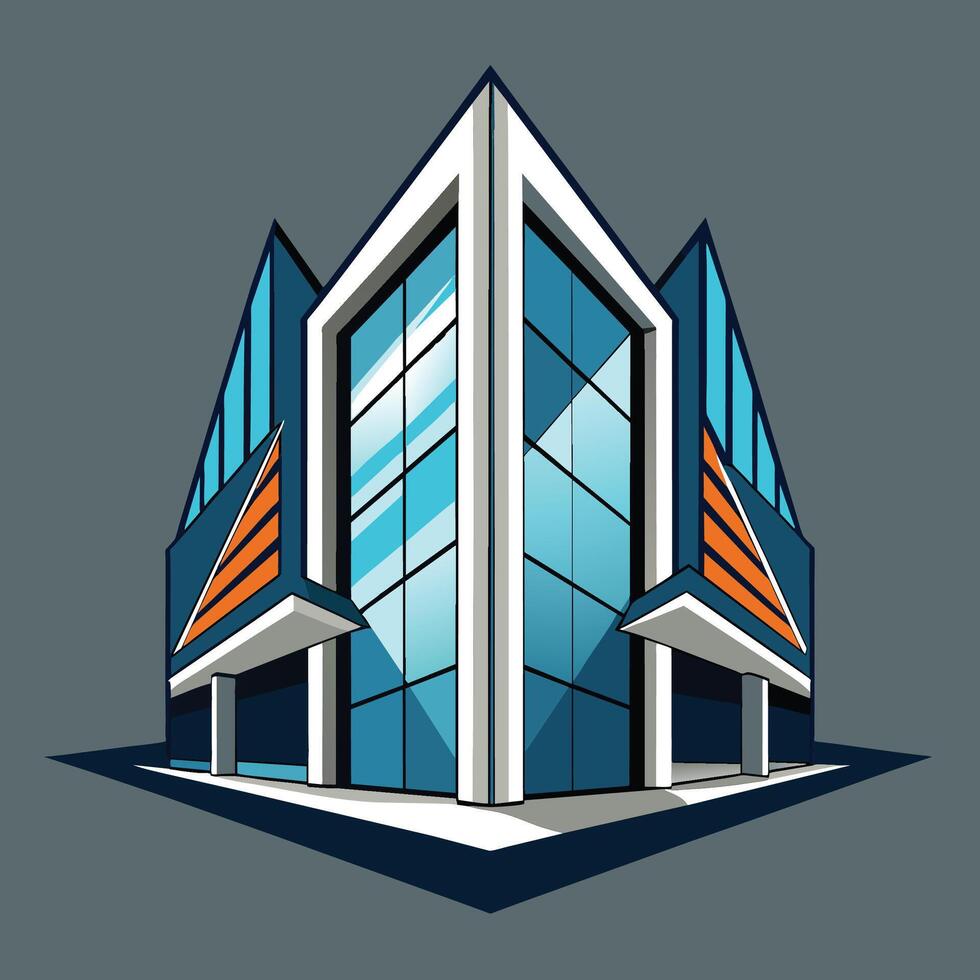 A modern building featuring a striking blue and orange design with asymmetrical windows, A futuristic building with asymmetrical windows and a reflective facade vector