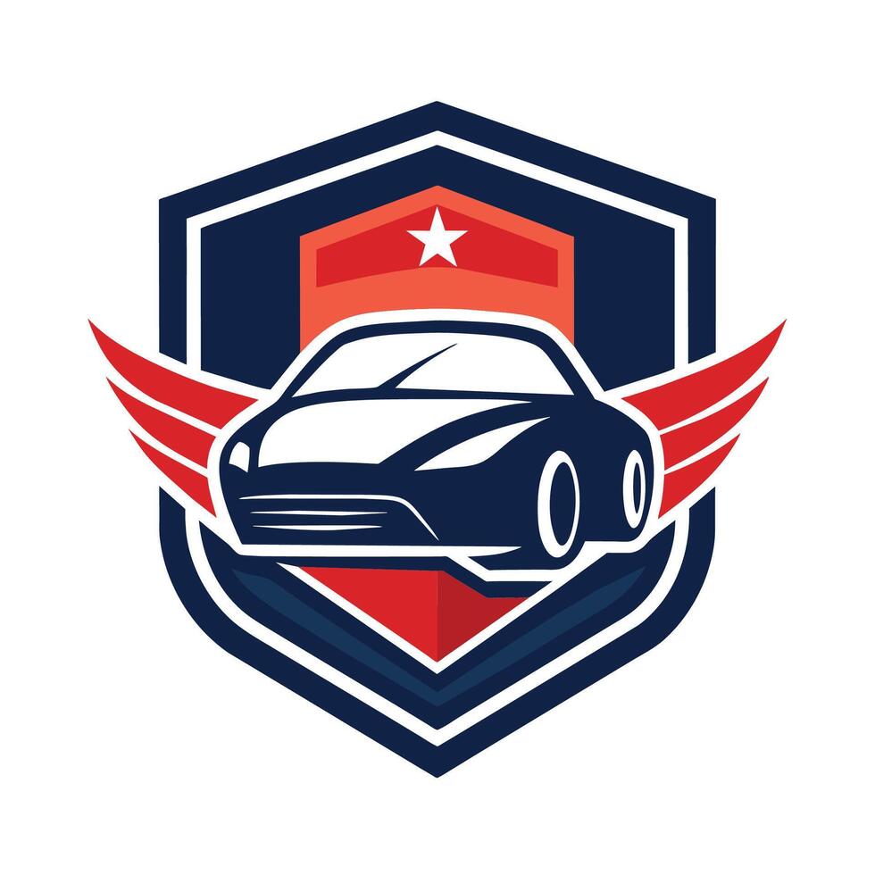 un moderno coche emblema presentando alas y un estrella diseño, agregando un único toque a el vehículos estética, un contemporáneo tomar en tradicional coche concesión imágenes vector