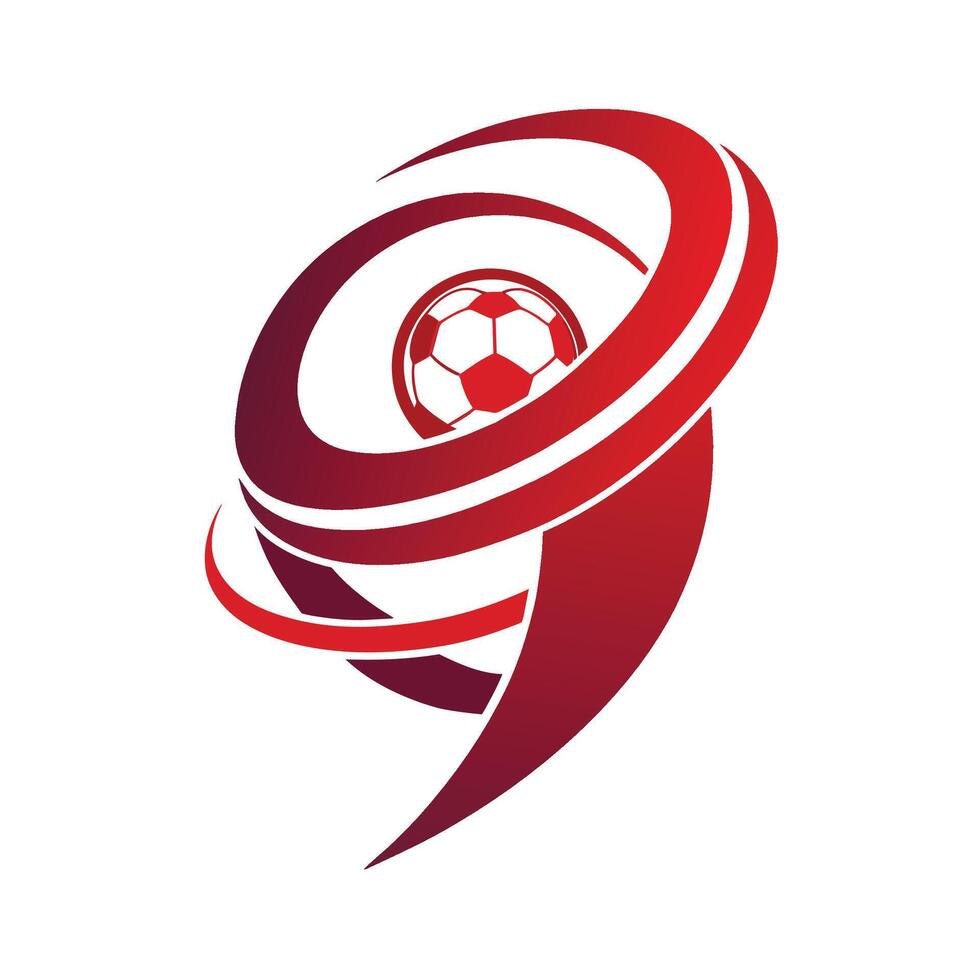 A soccer ball positioned at the center of a swirling red pattern, A geometric representation of a football spiraling through the air vector