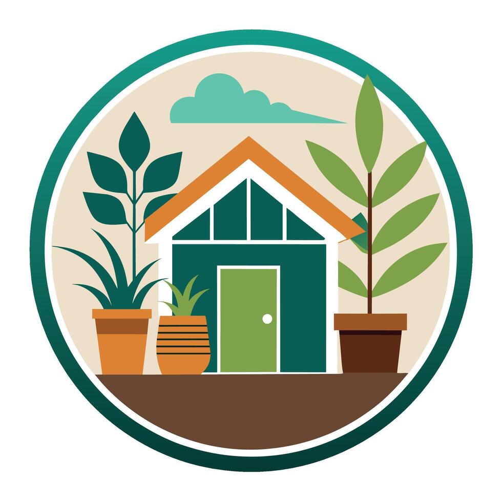 A contemporary house with various potted plants arranged neatly in front of it, A contemporary logo design hinting at the beauty and serenity of a well-designed living space with a flourishing garden vector