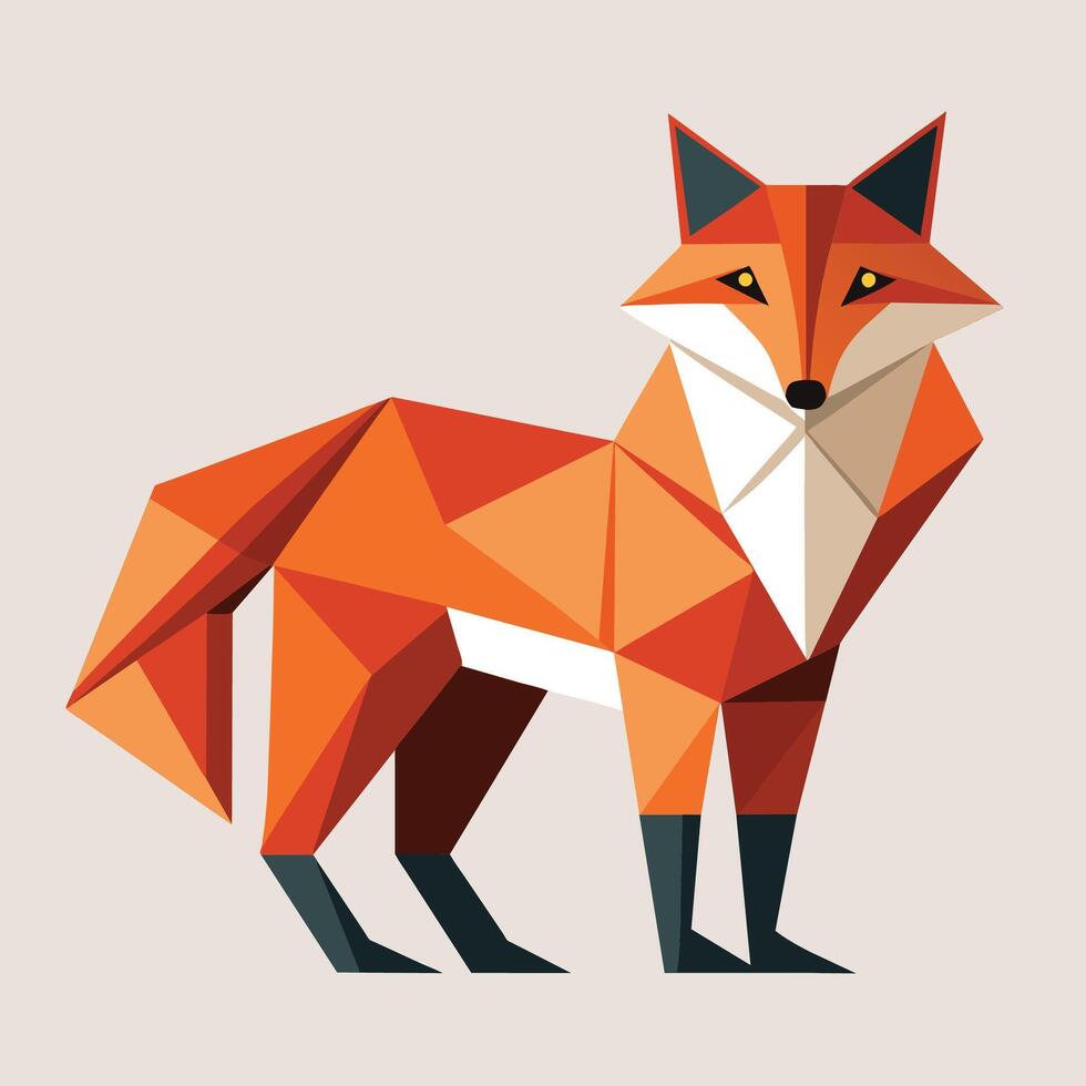 A red fox facing the camera, stands in the middle of a white background, A geometric representation of a fox in a simple and clean design vector