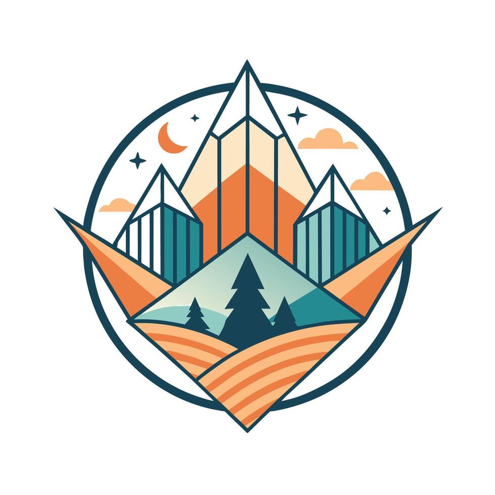 A mountain landscape featuring trees in the foreground and mountains in the background, A chic and simple logo featuring geometric shapes representing travel destinations vector