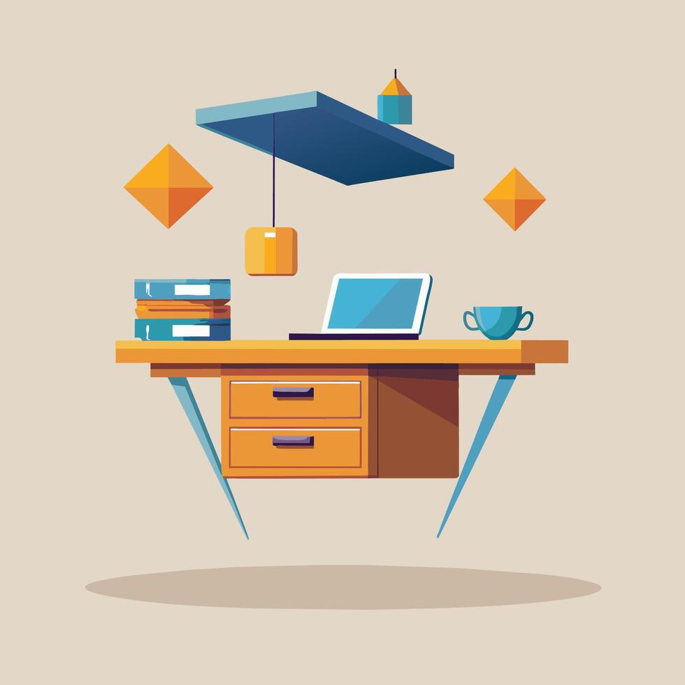 A sleek, modern desk featuring a laptop lying on top of it, A minimalist desk with a floating design and hidden storage compartments vector