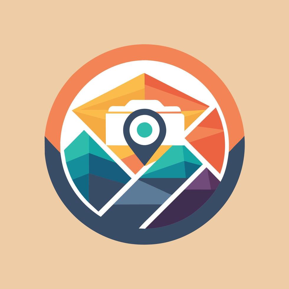 A camera with a lens positioned in the center, symbolizing modern photography and design, A contemporary logo featuring a camera symbol for a travel photography app vector