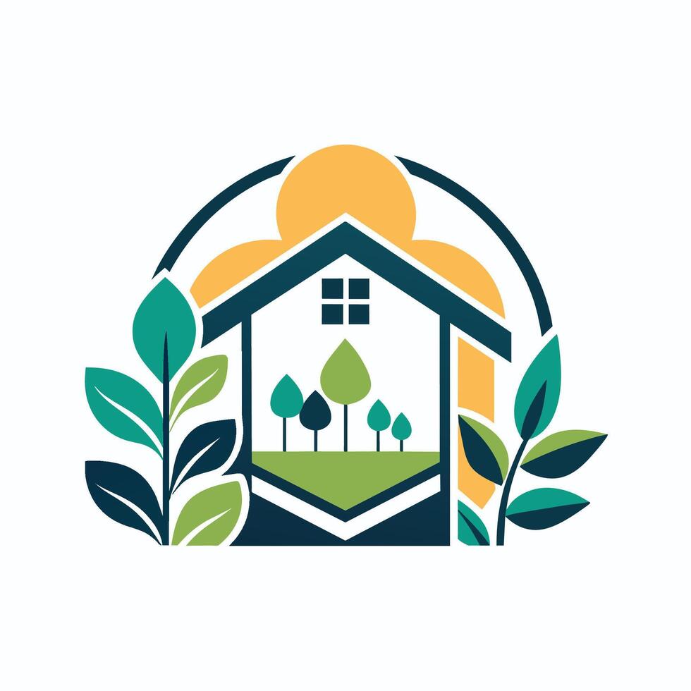 Contemporary house nestled among lush green trees and falling leaves, A contemporary logo design hinting at the beauty and serenity of a well-designed living space with a flourishing garden vector
