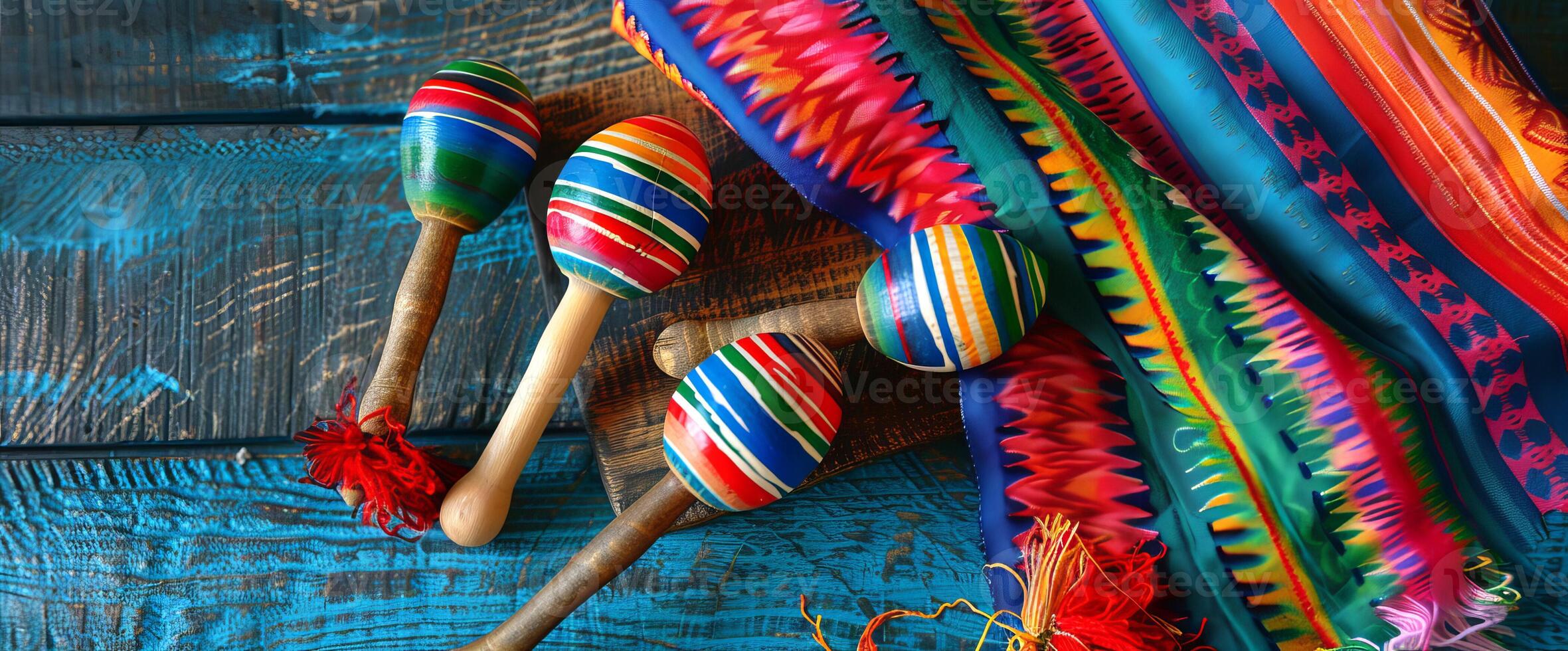 Mexico festive wooden background with sombrero, serape and maracas in flat lay view photo