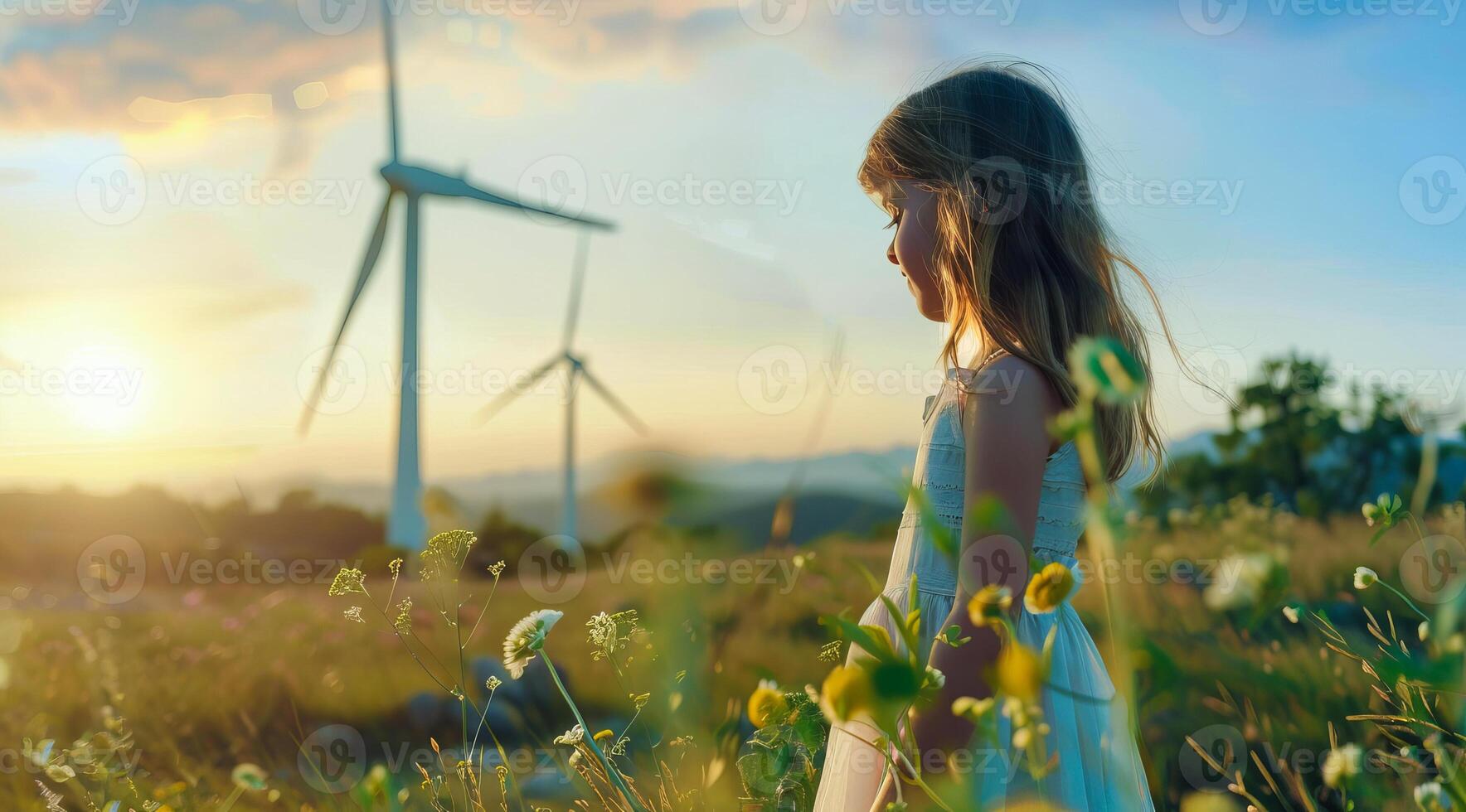 A girl stands in a field of flowers next to a wind farm that produces green sustainable energy photo