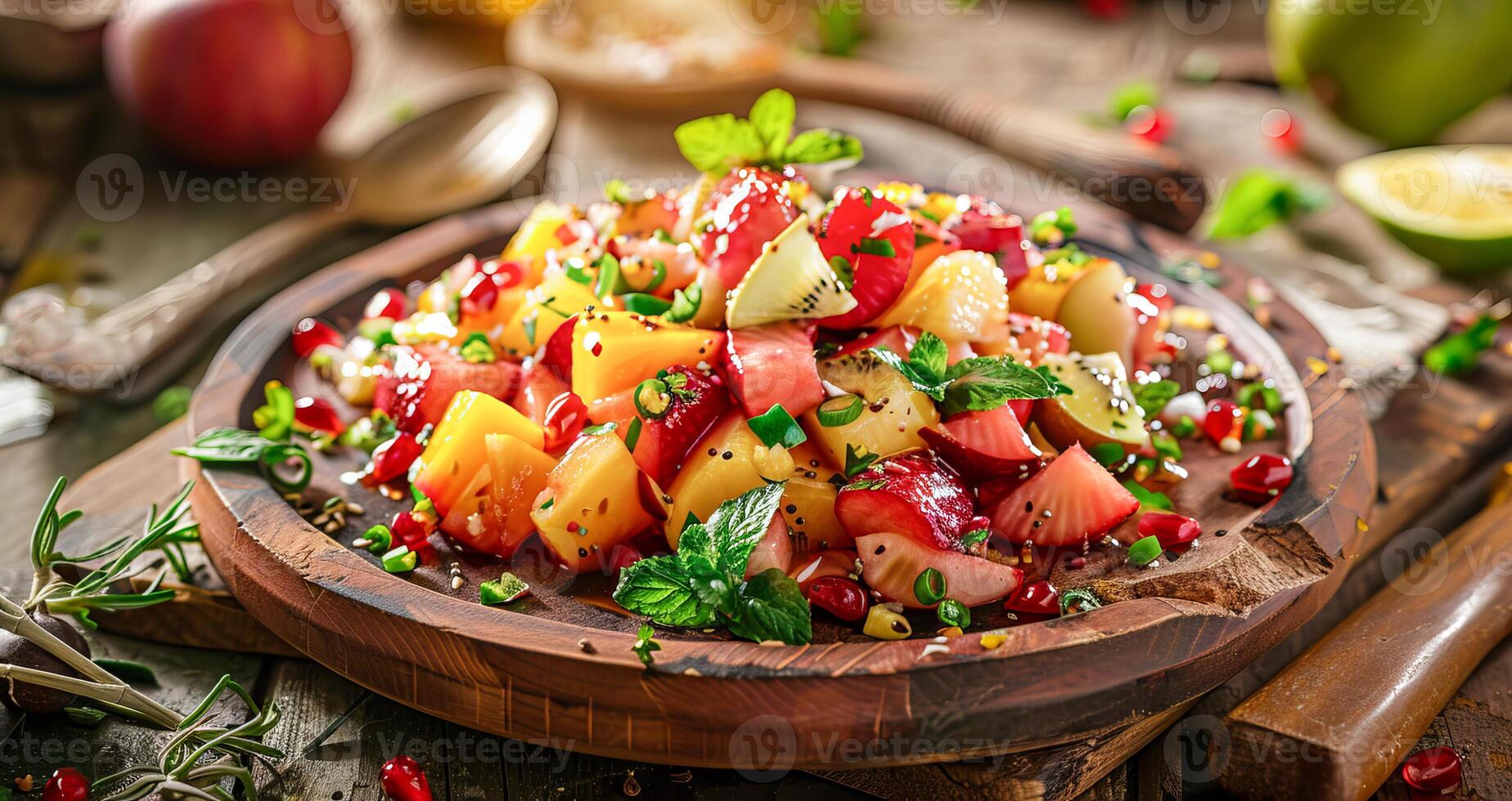 A plate of fruit salad with strawberries, kiwi, oranges and other fruits photo