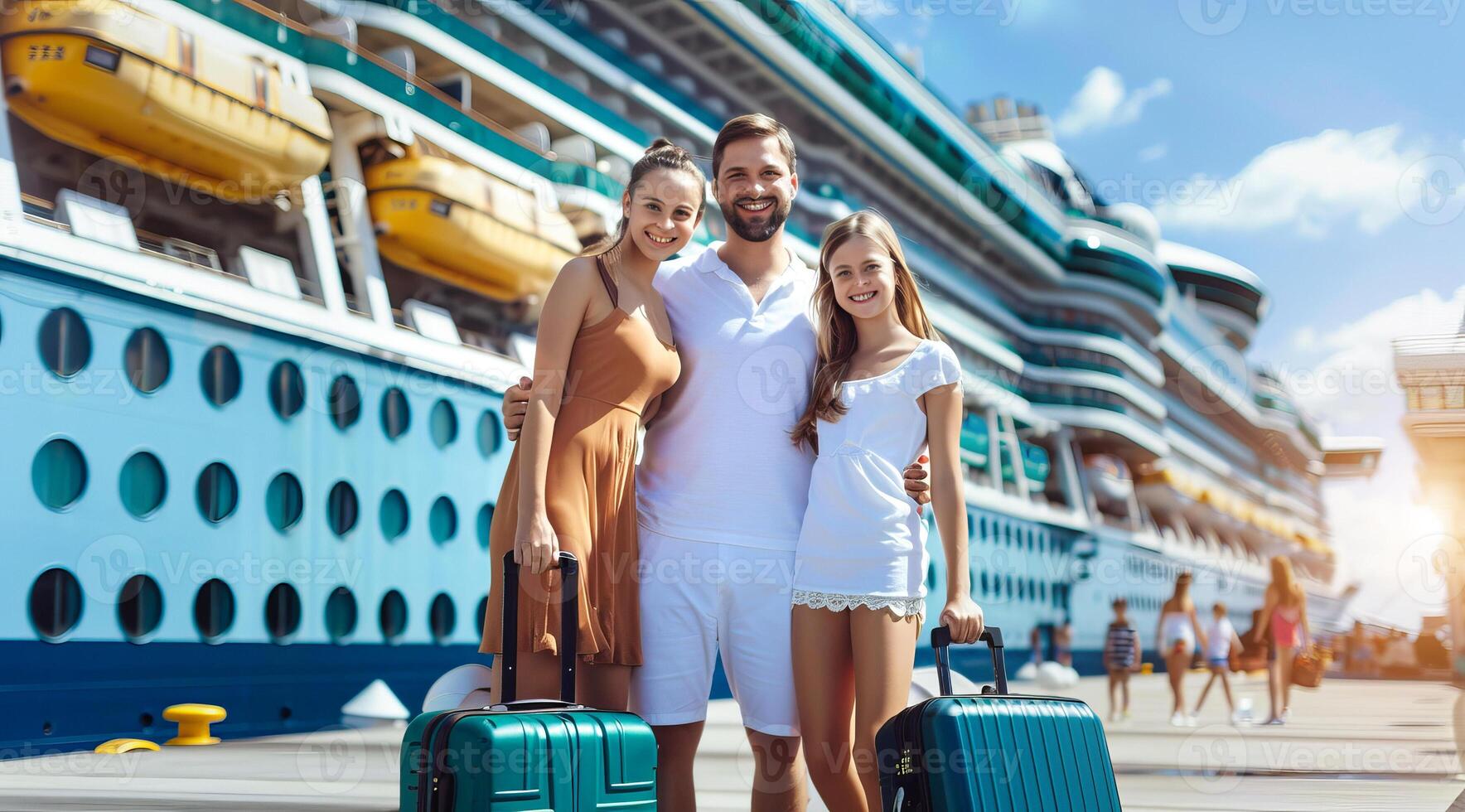 A family of four is posing for a picture in front of a cruise ship before going on vacation photo