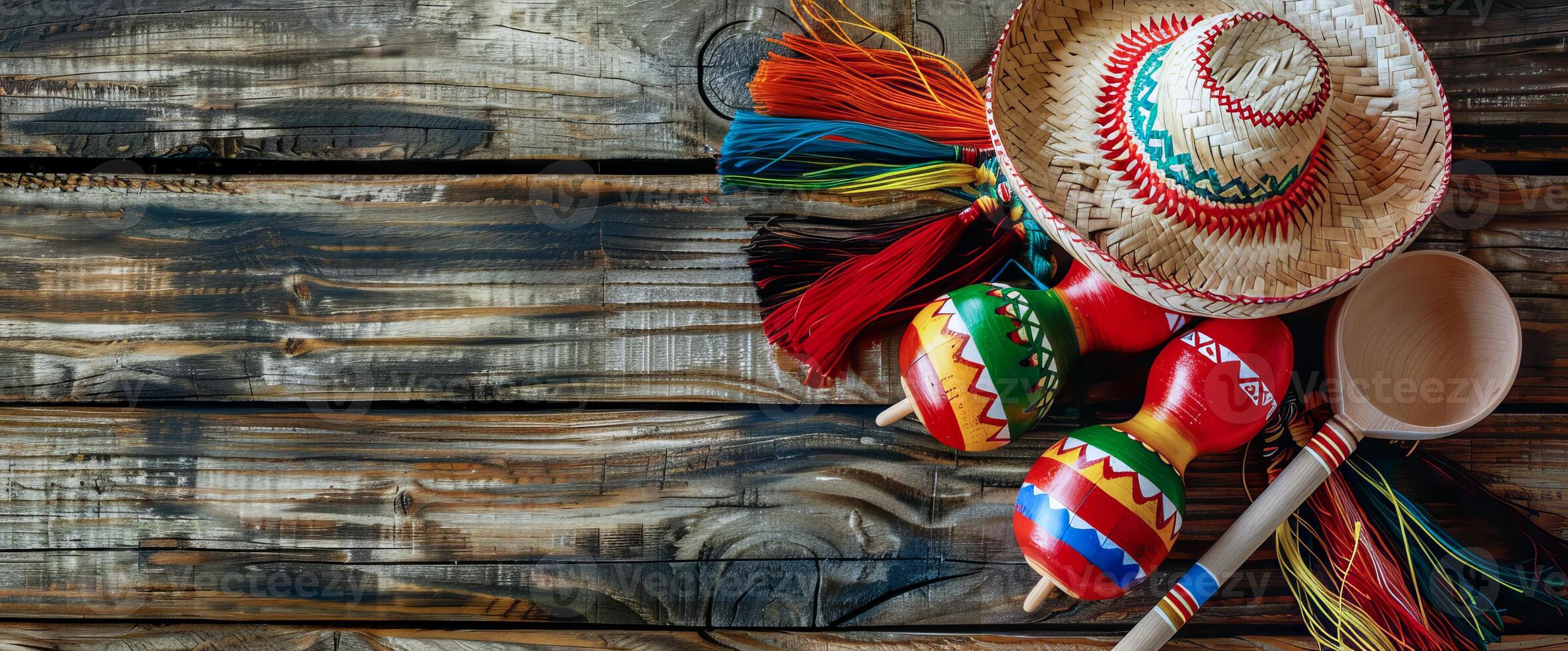 Mexico festive wooden background with sombrero, serape and maracas in flat lay view photo