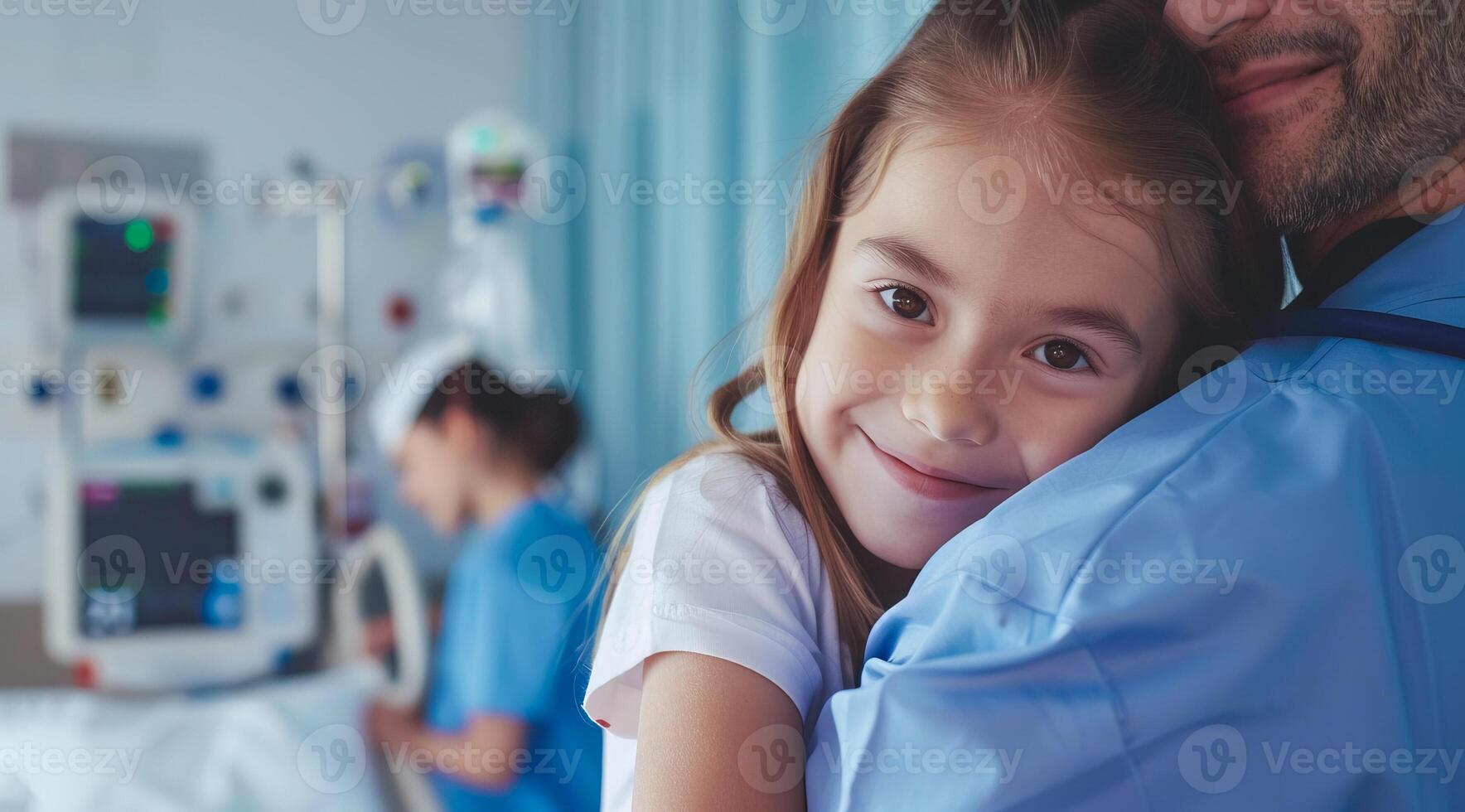 médico abrazando pequeño niña en hospital habitación. sonriente joven niña siendo retenida por un médico foto