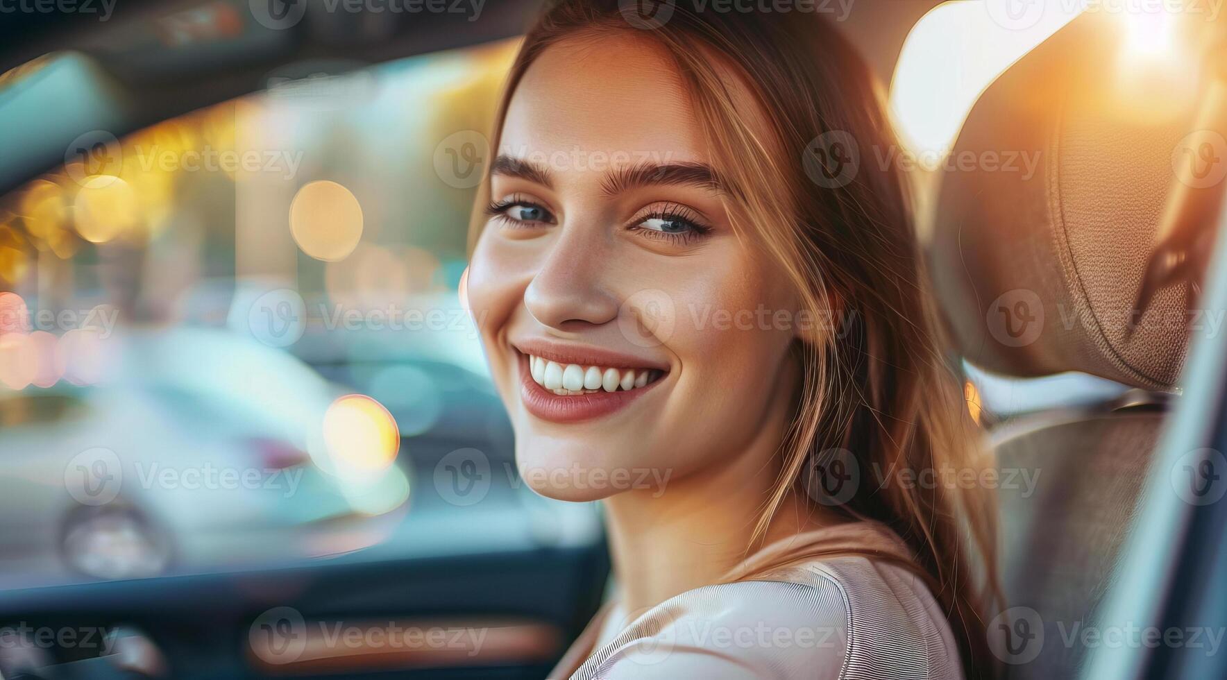 Happy car ownership, beautiful lady smiling when driving new car car photo