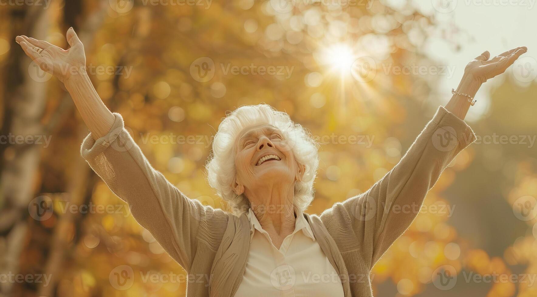 Healthy and happy active senior lady enjoying retirement on outdoor trip photo