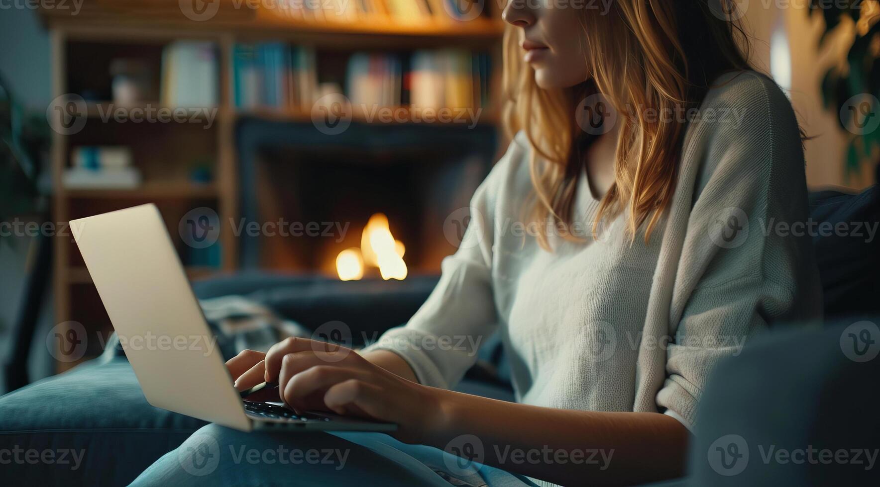 A woman at home with a laptop or tablet browsing internet, paying bills and shopping online photo